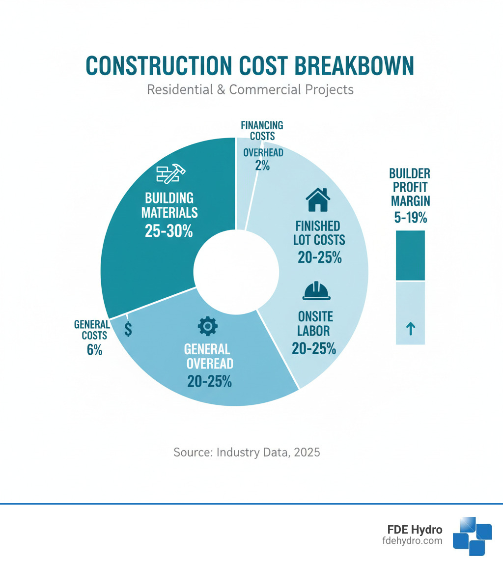 infographic showing construction cost breakdown: finished lot costs 20-25%, building materials 25-30%, onsite labor 20-25%, general overhead 6%, financing costs 2%, with builder profit margin of 5-19% - reduce construction costs infographic infographic showing construction cost breakdown: finished lot costs 20-25%, building materials 25-30%, onsite labor 20-25%, general overhead 6%, financing costs 2%, with builder profit margin of 5-19% - reduce construction costs infographic