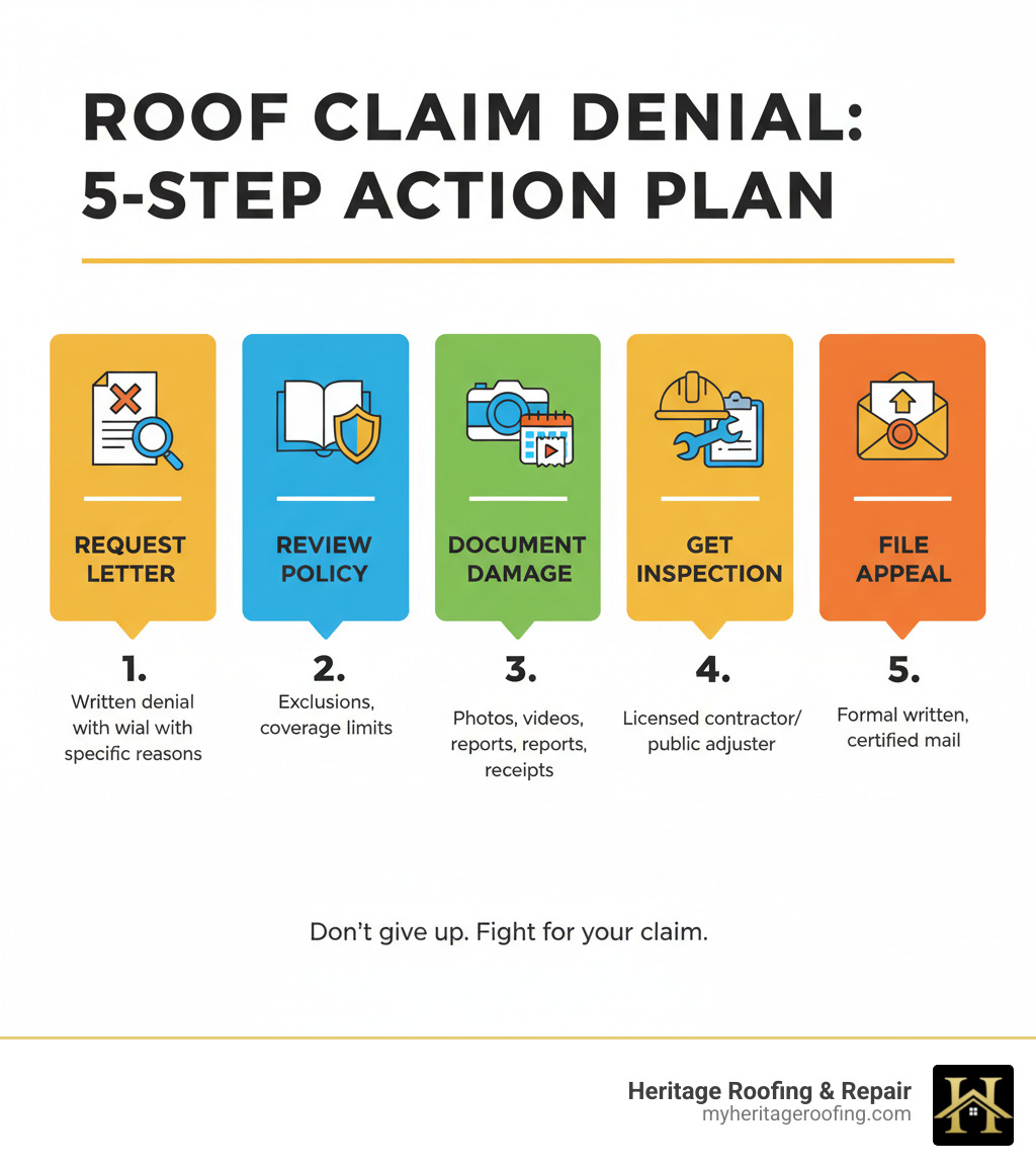 Infographic showing the 5-step action plan after a roof claim denial: 1) Request written denial letter with specific reasons, 2) Review your full insurance policy including exclusions and coverage limits, 3) Document all damage with photos, videos, weather reports and receipts, 4) Get independent professional inspection from licensed contractor or public adjuster, 5) File formal written appeal with all evidence via certified mail - what to do if insurance denied roof claim infographic 