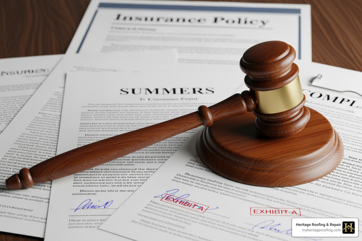 A gavel resting on legal documents, with an insurance policy in the background, symbolizing legal action against a denied insurance claim. - what to do if insurance denied roof claim