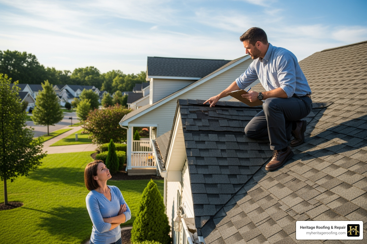 An insurance adjuster on a roof, clipboard in hand, inspecting shingles while a homeowner stands nearby, looking concerned. - what to do if insurance denied roof claim