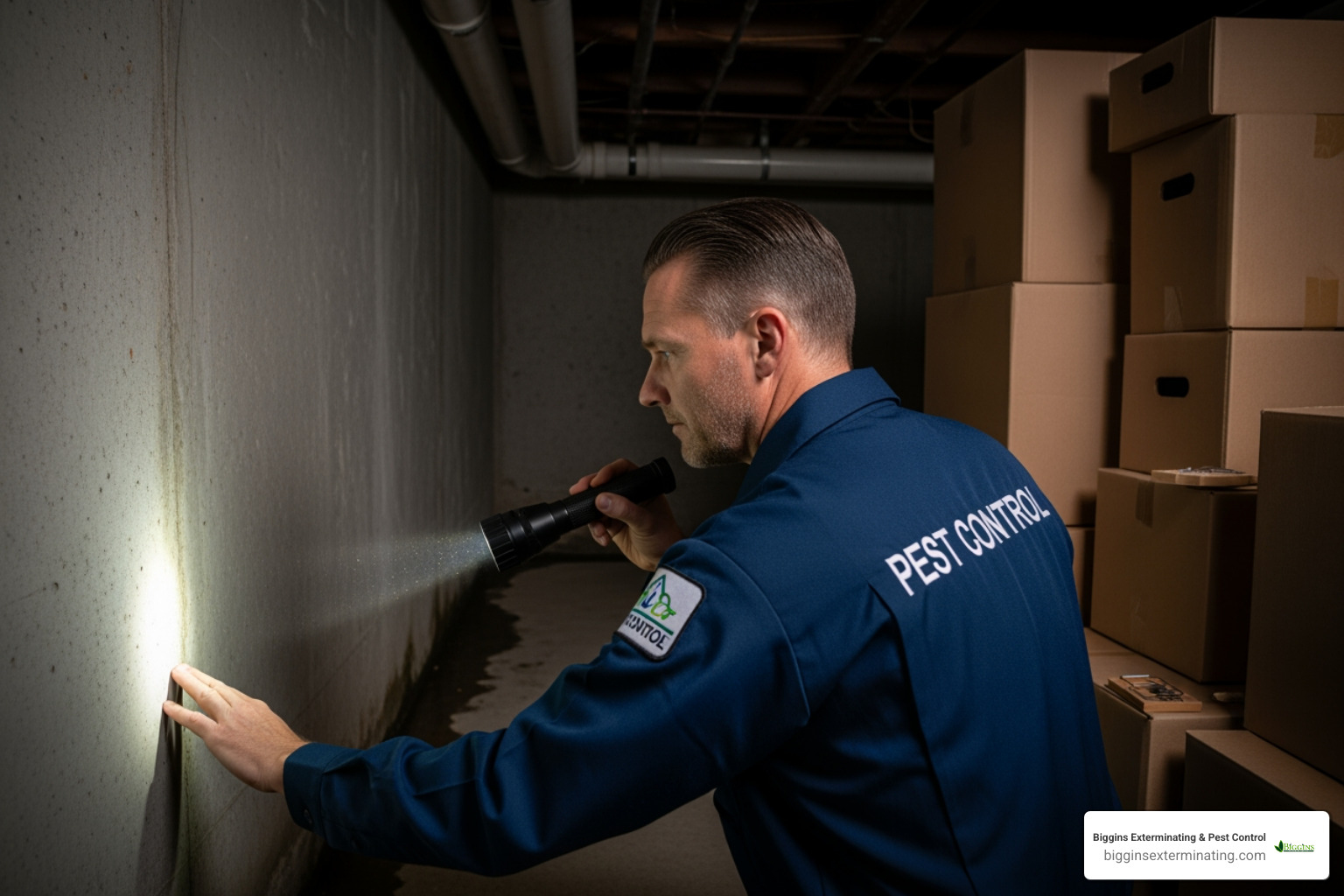professional exterminator inspecting a basement - Rodent exterminator cost