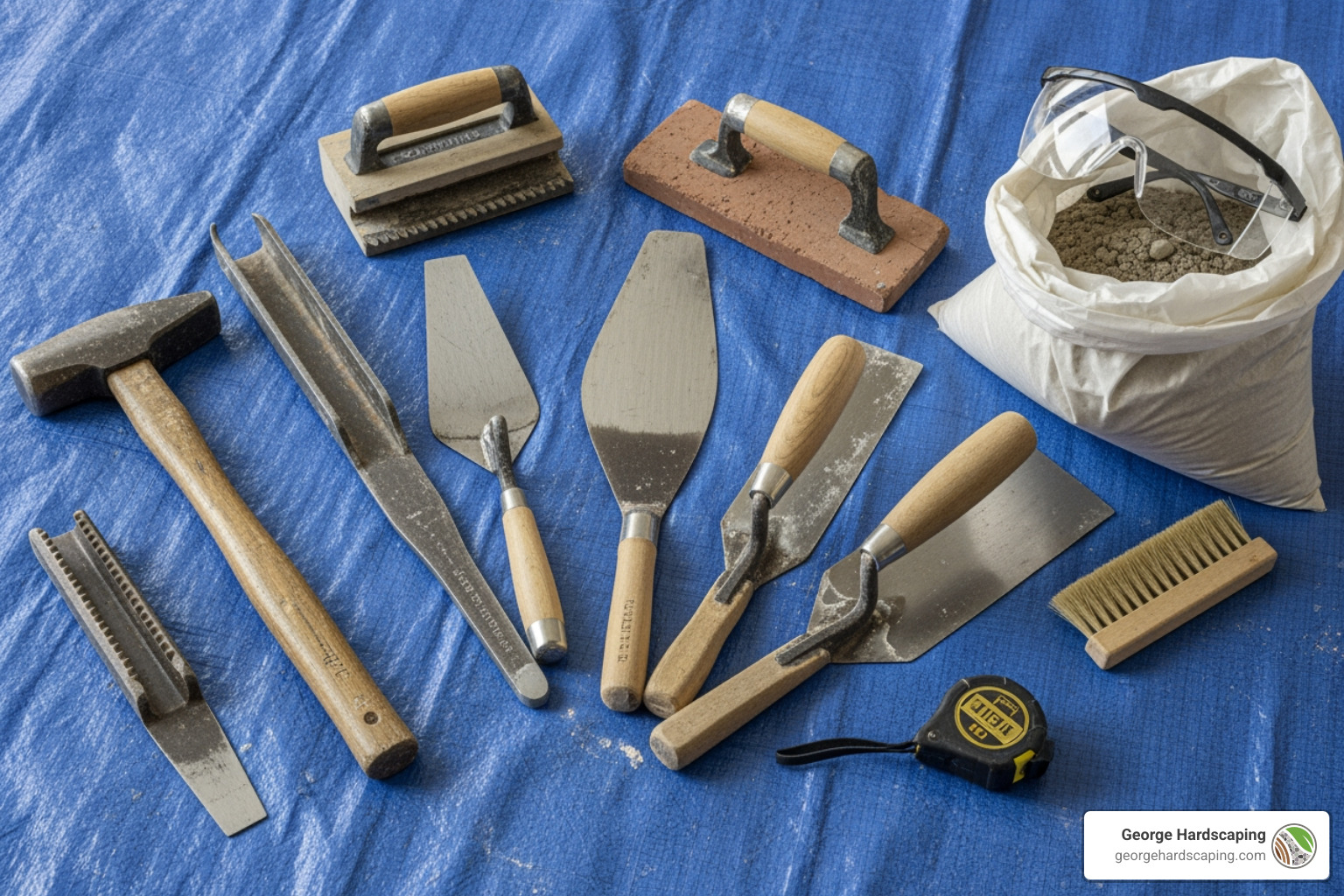 necessary tools and materials neatly laid out on a tarp, such as a trowel, mortar, chisel, and safety glasses. - stone step repair