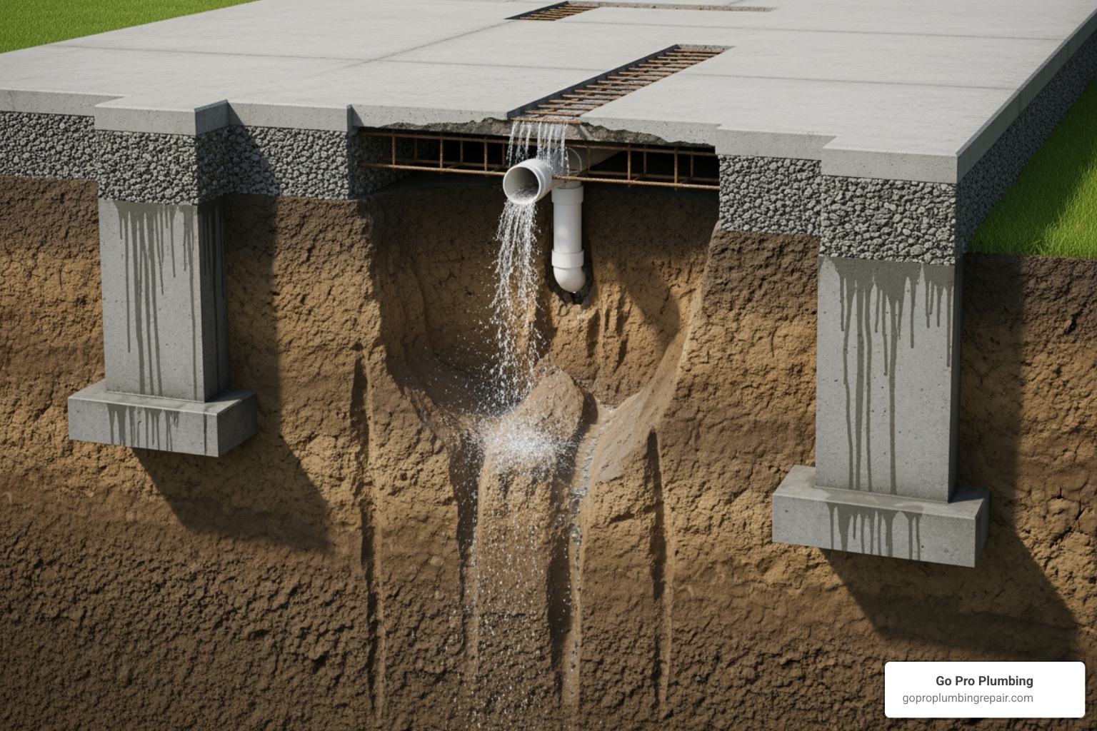 illustrating soil erosion under a foundation caused by a leak - slab leak repair