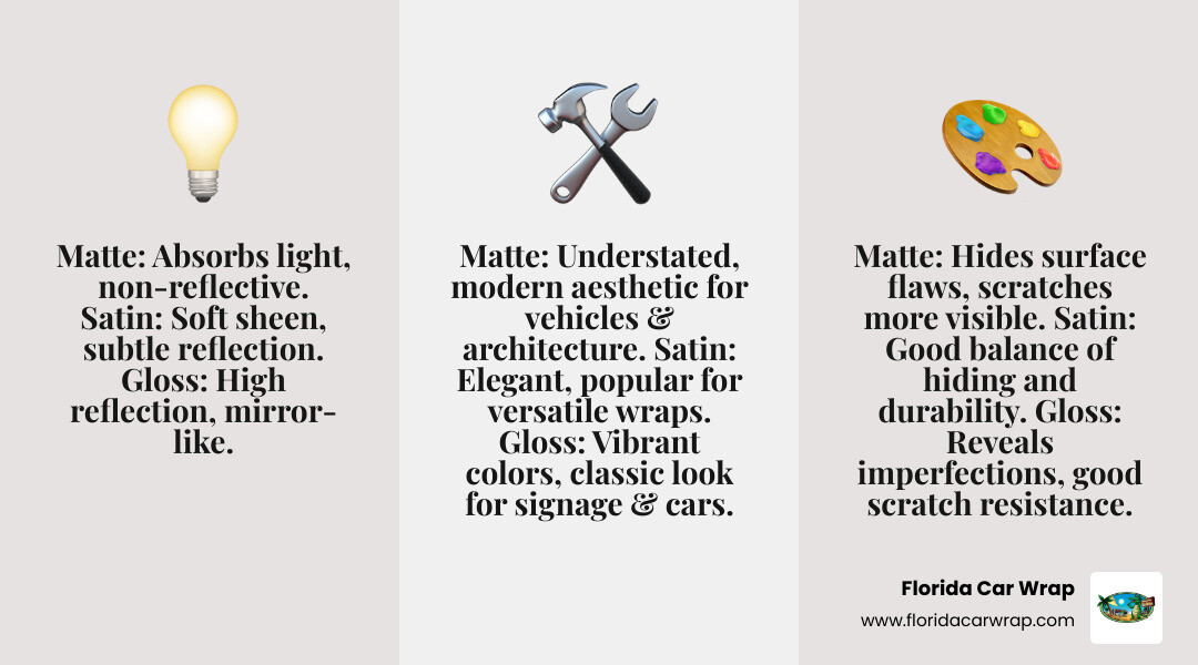infographic showing the visual differences between matte, satin, and gloss vinyl finishes with light reflection patterns, durability ratings, and best use cases for each finish type - matte vinyl infographic 3_facts_emoji_grey