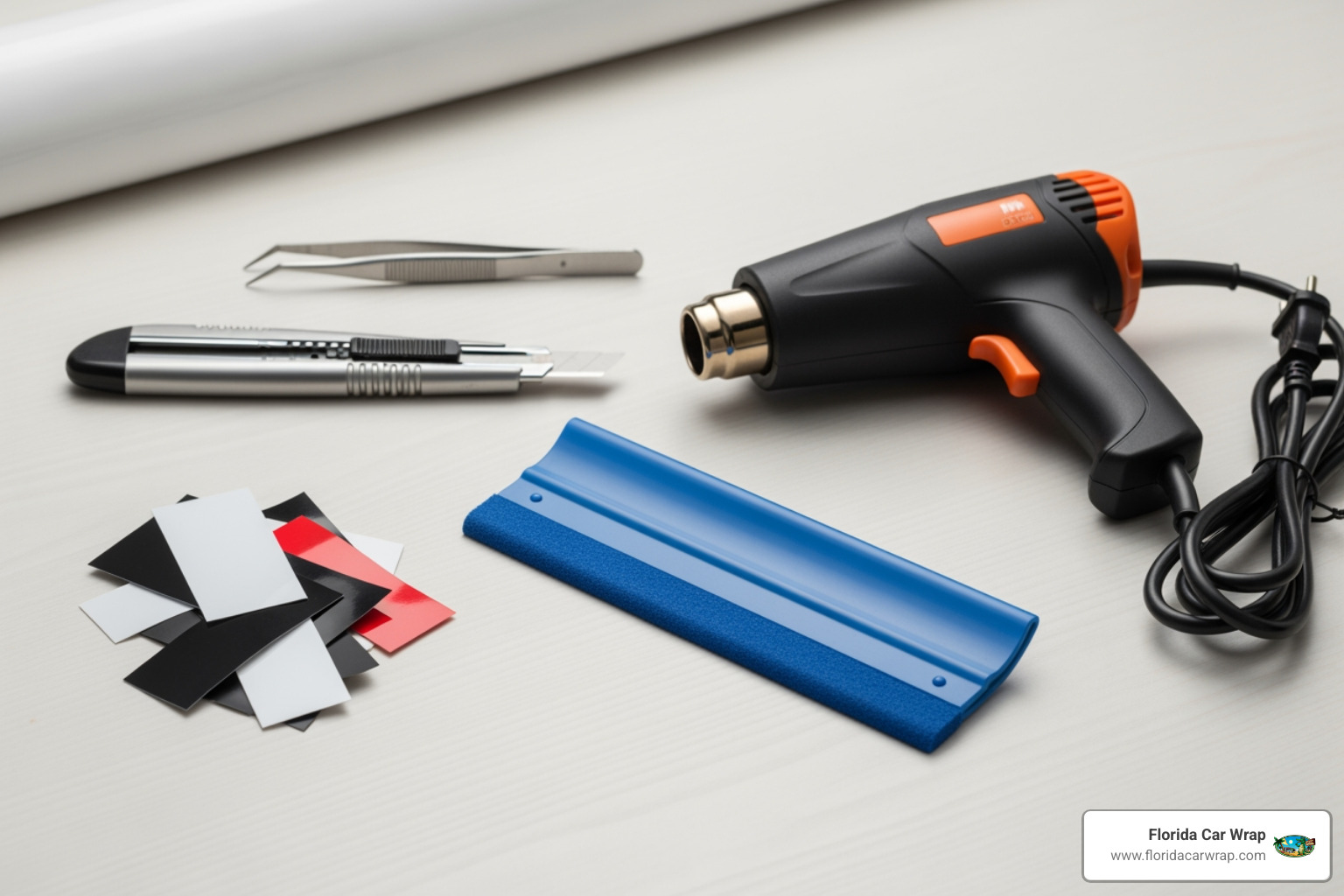 essential vinyl application tools like a squeegee, heat gun, and cutting tool - matte vinyl