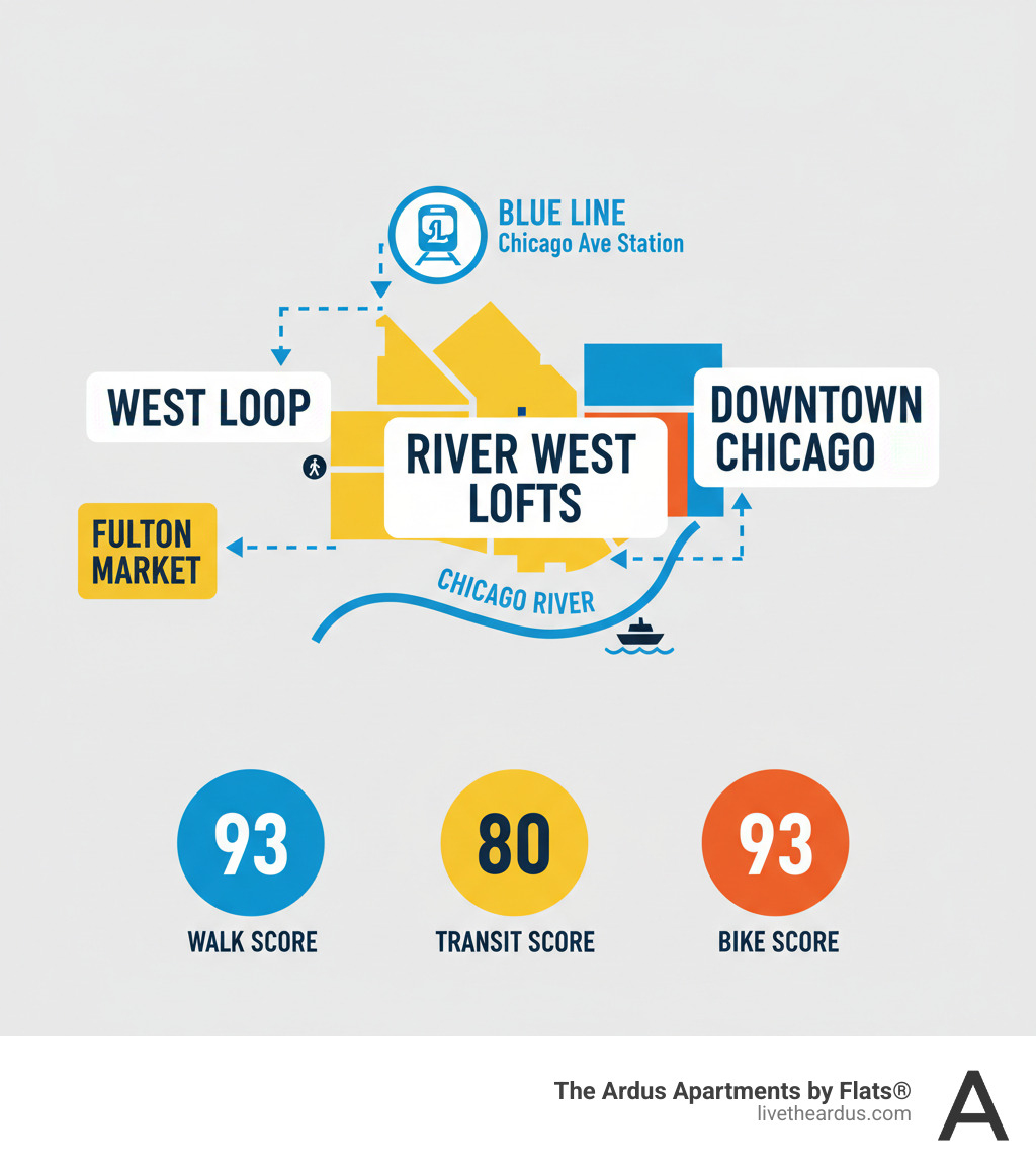 Infographic showing River West's location between West Loop and Downtown Chicago, with key transit connections including the Blue Line Chicago Avenue Station, major nearby attractions like Fulton Market and the Chicago River, and walkability scores (Walk Score 93, Transit Score 80, Bike Score 93) - river west lofts chicago infographic 