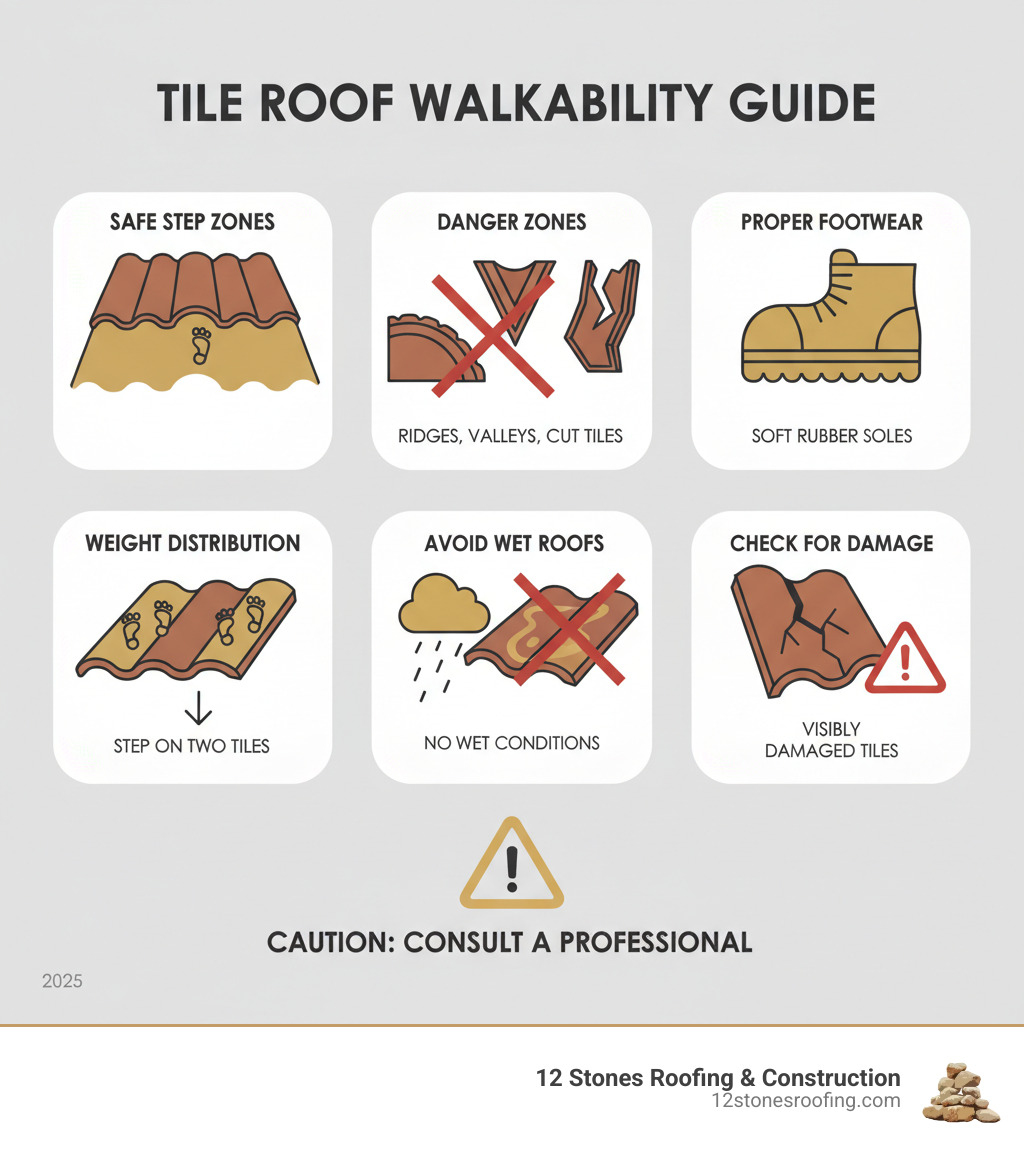 Infographic showing tile roof walkability guidelines: safe stepping zones on the lower third of tiles where they overlap, dangerous areas including ridges, valleys, water channels, and cut tiles, proper footwear requirements with soft rubber soles, weight distribution techniques stepping on two tiles at once, and clear warnings to avoid wet conditions and visibly damaged tiles - can you walk on tiled roof infographic 