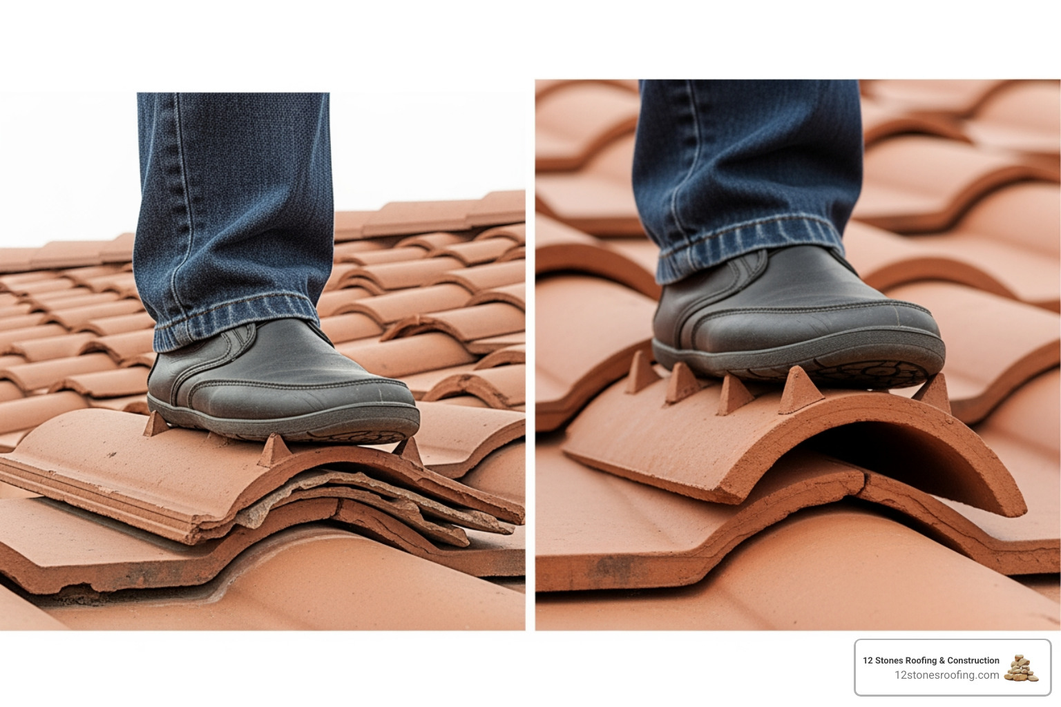 Diagram illustrating correct foot placement on various tile types, showing where to step on the reinforced lower third of overlapping tiles and on the peaks of curved tiles - can you walk on tiled roof