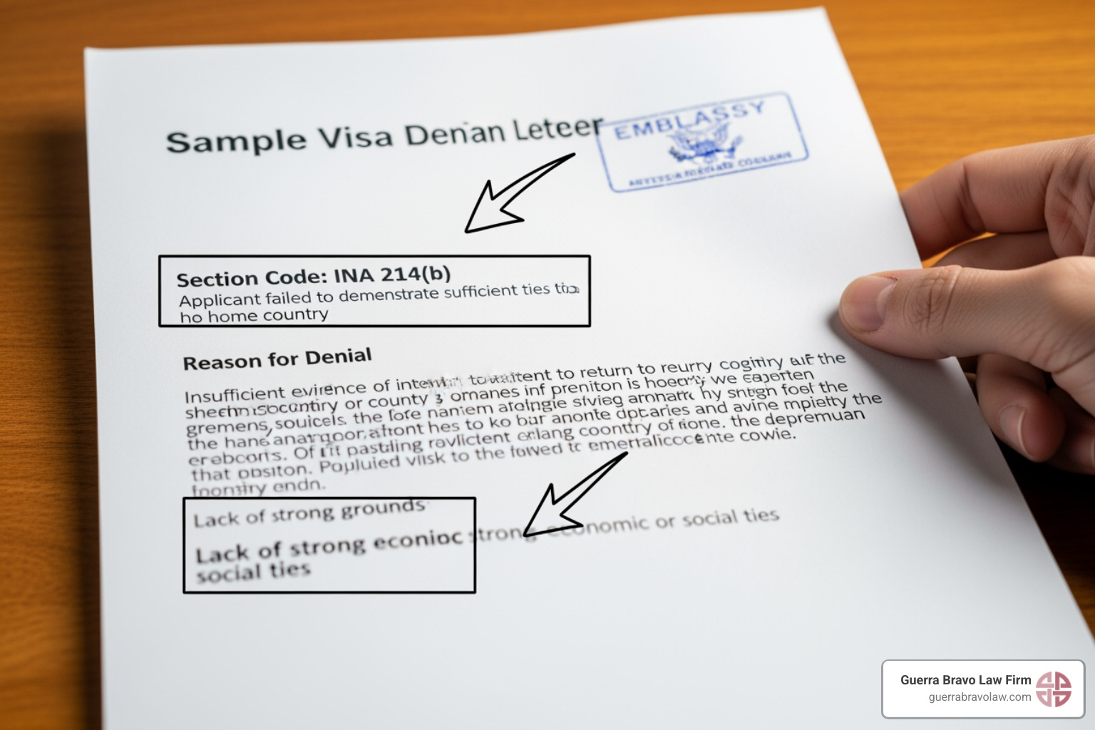 an annotated sample visa denial letter highlighting the section code and reason for denial - visa denial appeal