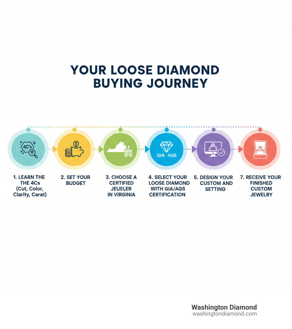 Infographic showing the loose diamond buying journey: 1. Learn the 4Cs (Cut, Color, Clarity, Carat), 2. Set your budget, 3. Choose a certified jeweler in Virginia, 4. Select your loose diamond with GIA/AGS certification, 5. Design your custom setting, 6. Review CAD models and approve, 7. Receive your finished custom jewelry - Loose diamonds Virginia infographic 