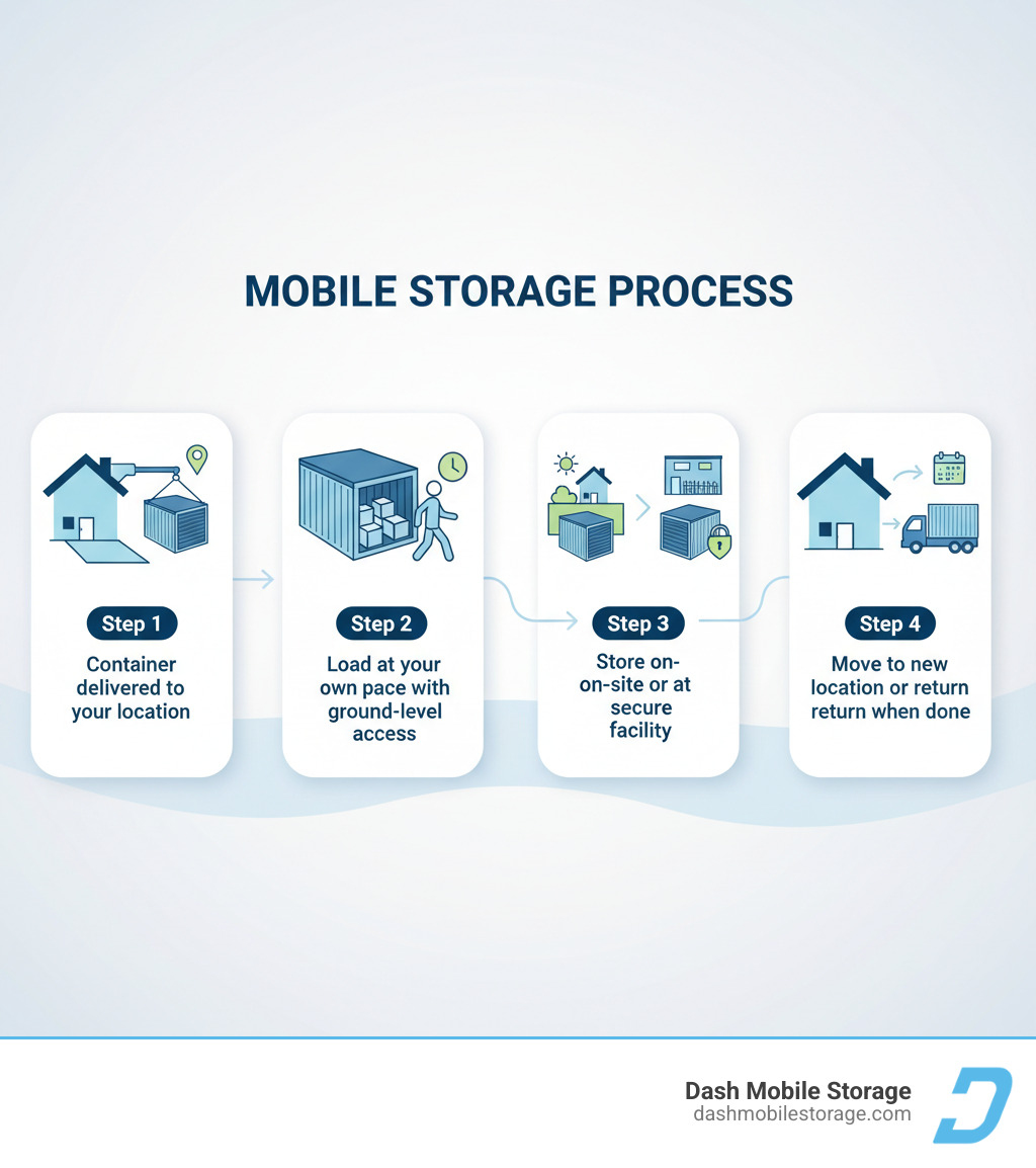 Infographic showing mobile storage process: Step 1 - Container delivered to your location; Step 2 - Load at your own pace with ground-level access; Step 3 - Store on-site or at secure facility; Step 4 - Move to new location or return when done - mobile storage infographic 