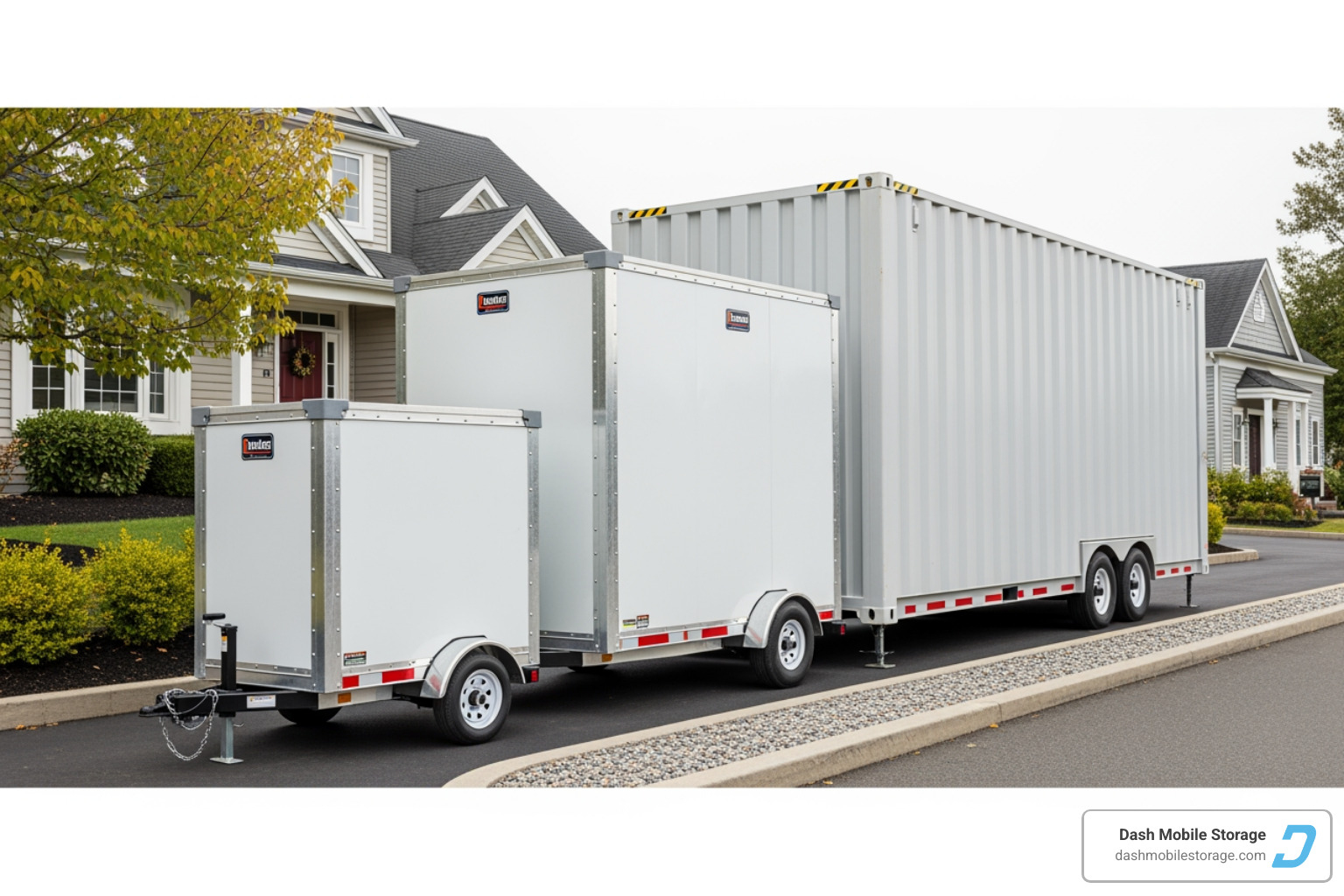 Three different sizes of mobile storage containers side-by-side for scale