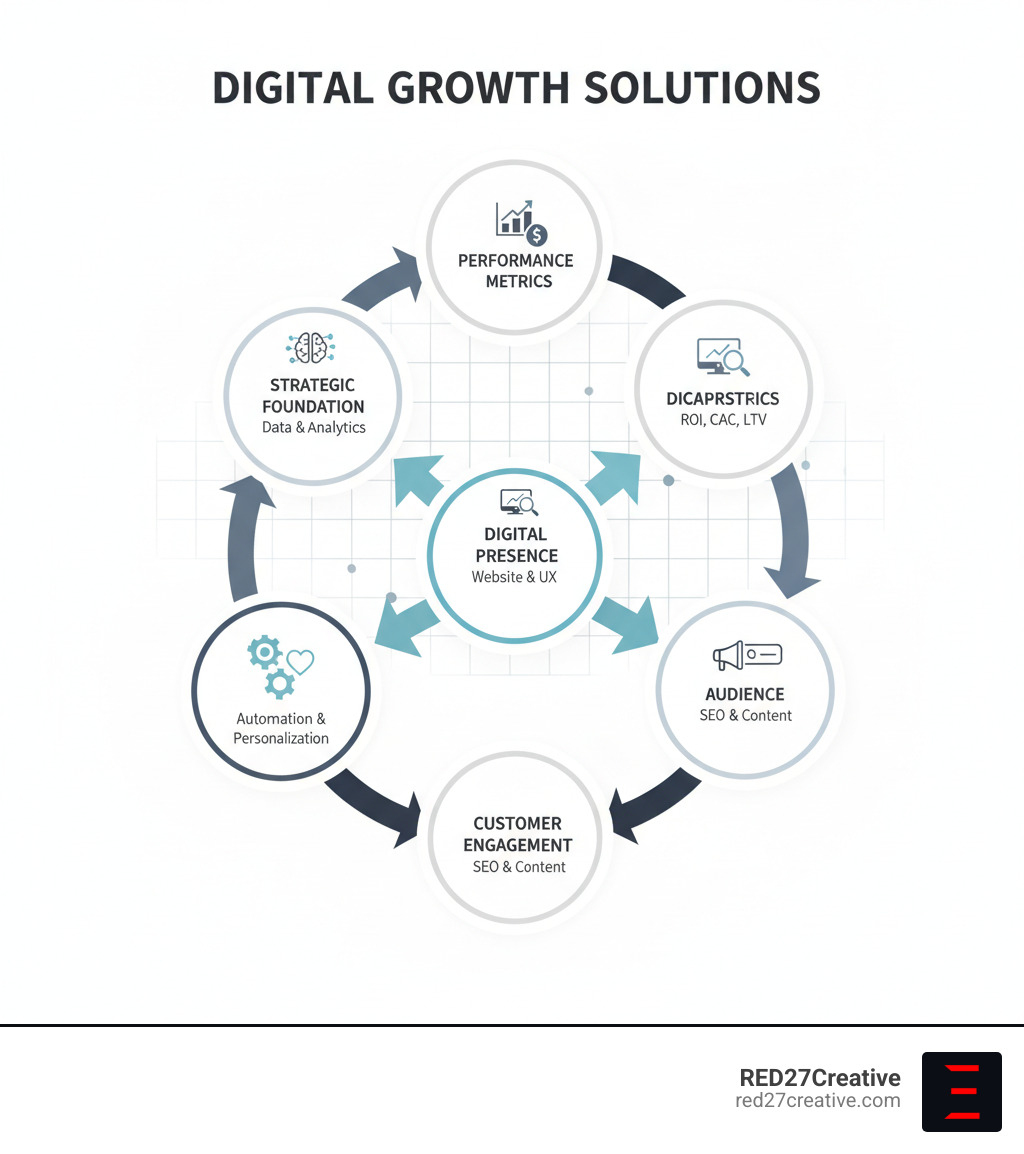 Infographic showing the interconnected components of digital growth solutions: Strategic Foundation (data and analytics) flows to Digital Presence (website and user experience), which connects to Audience Acquisition (SEO and content), leading to Customer Engagement (automation and personalization), all measured by Performance Metrics (ROI, CAC, LTV) in a continuous cycle - Digital growth solutions infographic Infographic showing the interconnected components of digital growth solutions: Strategic Foundation (data and analytics) flows to Digital Presence (website and user experience), which connects to Audience Acquisition (SEO and content), leading to Customer Engagement (automation and personalization), all measured by Performance Metrics (ROI, CAC, LTV) in a continuous cycle - Digital growth solutions infographic