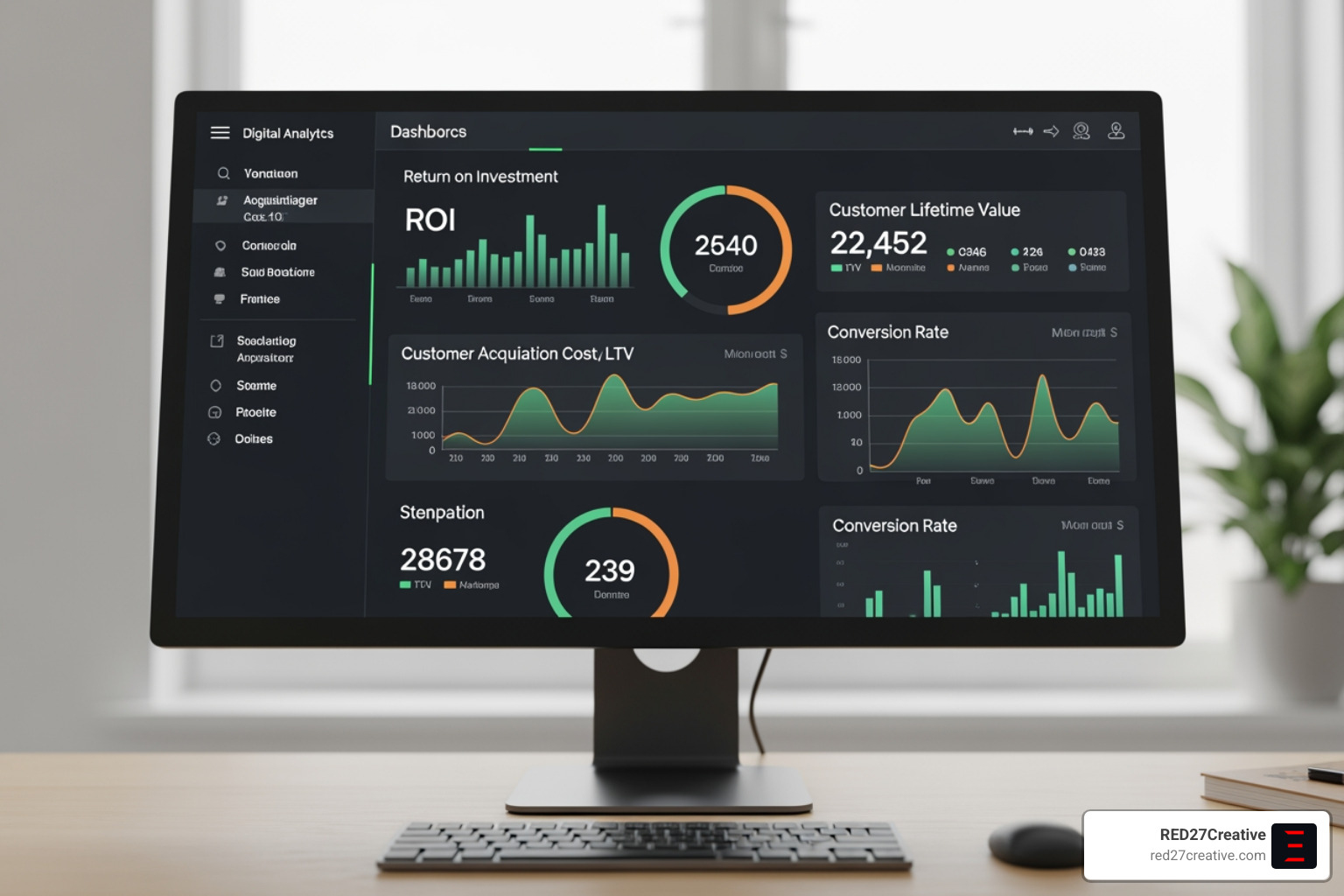 Clean, modern analytics dashboard displaying key metrics like ROI, CAC, LTV, and Conversion Rate - Digital growth solutions Clean, modern analytics dashboard displaying key metrics like ROI, CAC, LTV, and Conversion Rate - Digital growth solutions
