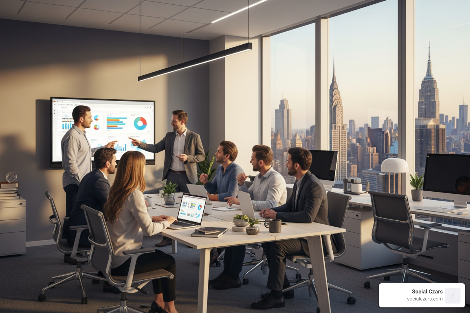 a team of professionals collaborating in a modern NYC office - Top crisis seo agency nyc