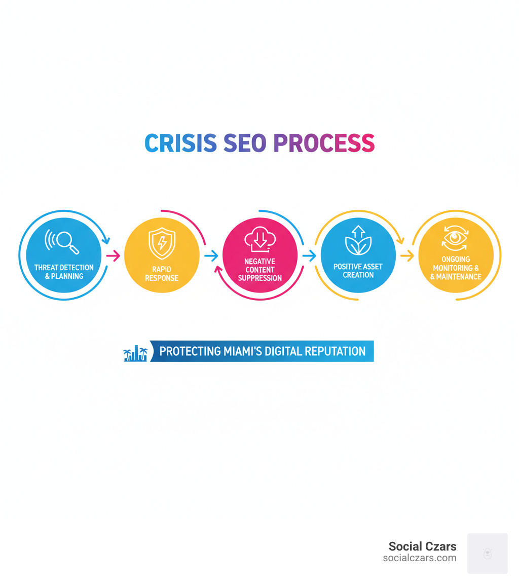 Infographic showing the crisis SEO process: from initial reputation threat detection and rapid response planning, through negative content suppression and positive asset creation, to ongoing monitoring and reputation maintenance - Top crisis seo agency miami infographic 