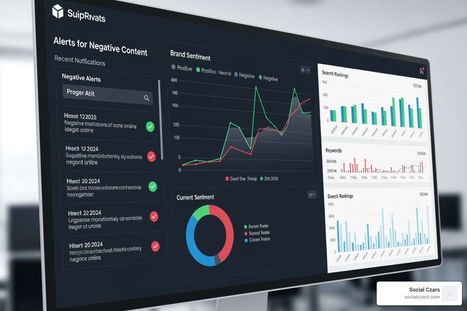 Digital dashboard showing real-time brand sentiment, search rankings, and negative content alerts - Top crisis seo agency miami