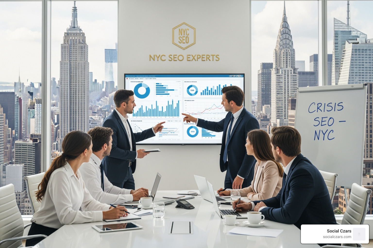 magnifying glass over google search results page showing negative article - Best crisis seo agencies NYC