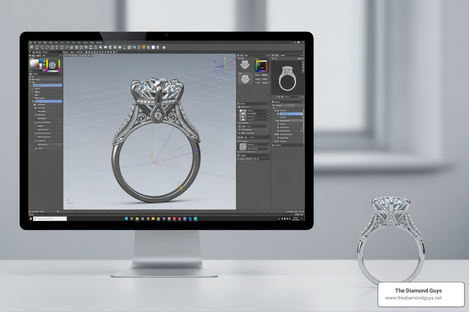 a CAD rendering next to the finished ring - design your own unique engagement ring a CAD rendering next to the finished ring - design your own unique engagement ring