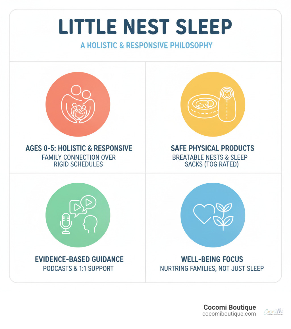 Infographic showing the key elements of little nest sleep: a holistic responsive philosophy for ages 0-5, safe physical sleep products like breathable nests and sleep sacks with proper TOG ratings, evidence-based guidance through podcasts and 1:1 support, and a focus on family connection over rigid schedules - little nest sleep infographic 