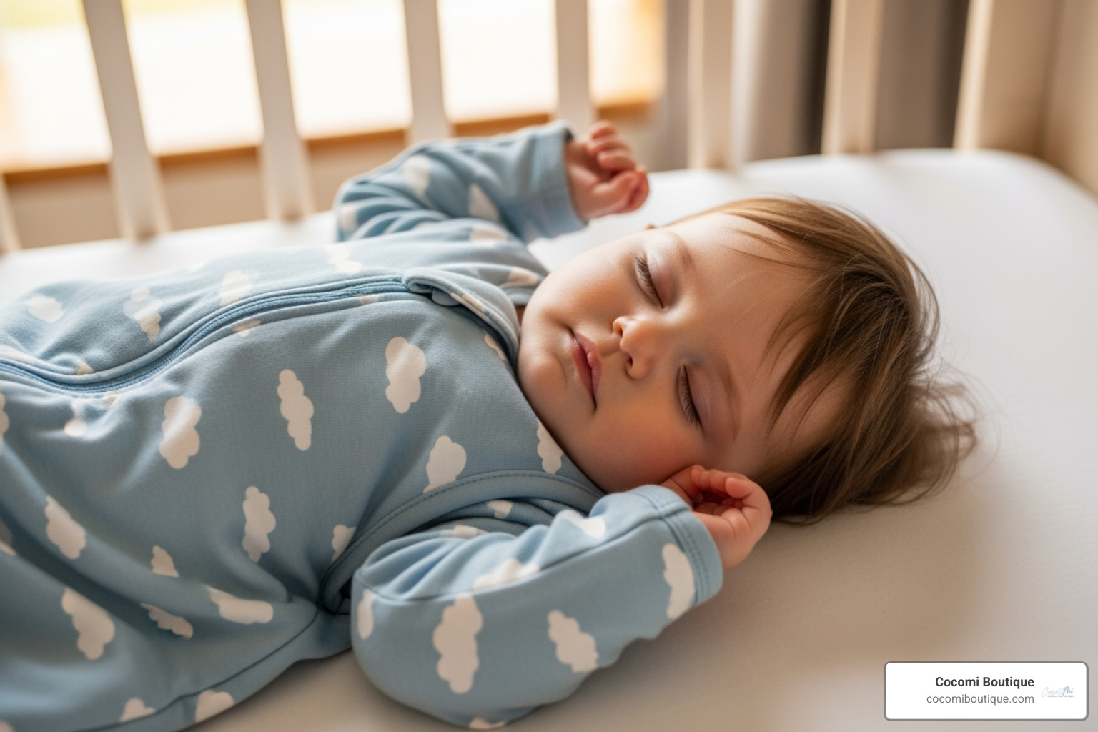A baby snuggled securely in a stylish, soft sleep sack in a crib - little nest sleep