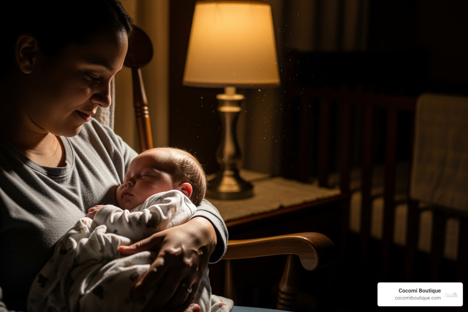 A parent gently rocking a baby to sleep in a dimly lit room - little nest sleep