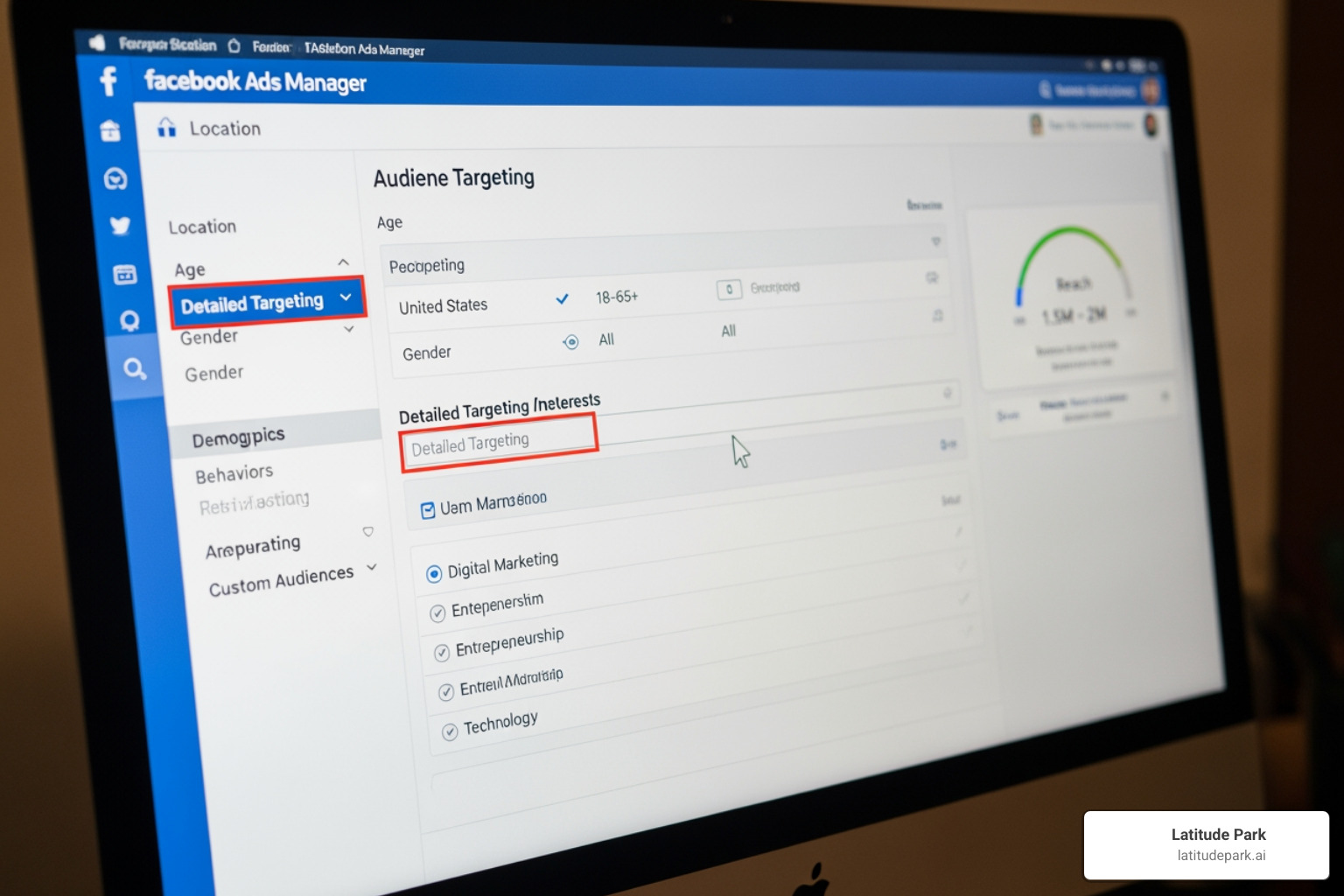 Facebook Ads Manager interface highlighting different targeting layers - facebook advertising for franchisors Facebook Ads Manager interface highlighting different targeting layers - facebook advertising for franchisors