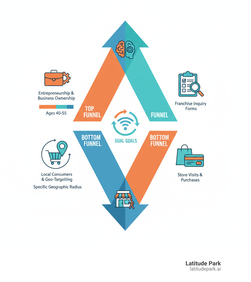 Infographic explaining the dual goals of franchise advertising: the top funnel targeting potential franchisees aged 40-55 with interests in entrepreneurship and business ownership, leading to franchise inquiry forms; the bottom funnel targeting local consumers within specific geographic radius around franchise locations, leading to store visits and purchases - facebook advertising for franchisors infographic Infographic explaining the dual goals of franchise advertising: the top funnel targeting potential franchisees aged 40-55 with interests in entrepreneurship and business ownership, leading to franchise inquiry forms; the bottom funnel targeting local consumers within specific geographic radius around franchise locations, leading to store visits and purchases - facebook advertising for franchisors infographic