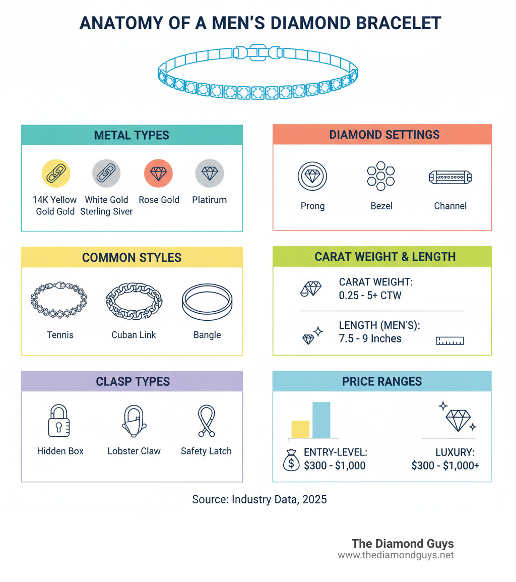Infographic showing the anatomy of a mens diamond bracelet, including metal types (14K yellow gold, white gold, rose gold, platinum, sterling silver), diamond settings (prong, bezel, pave, channel), common styles (tennis, Cuban link, bangle, station), typical carat weights (0.25 to 5+ CTW), standard bracelet lengths for men (7.5-9 inches), clasp types (hidden box, lobster claw, safety latch), and price ranges from entry-level ($300-$1,000) to luxury ($10,000+) - mens diamond bracelet infographic 