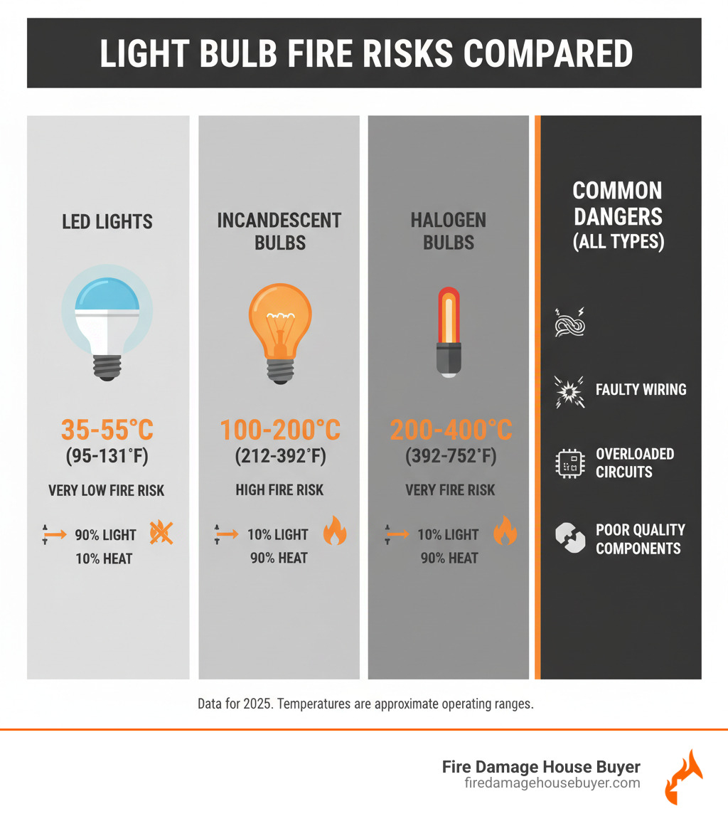 Infographic comparing fire risks of led lights, incandescent bulbs and halogen - do led lights get hot enough to start a fire infographic 