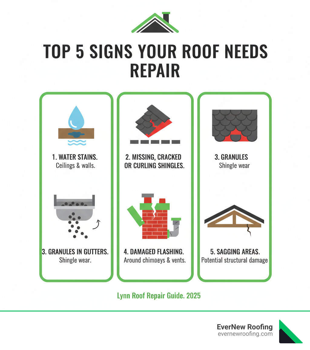 Infographic showing the top 5 signs your roof needs repair: 1. Water stains on ceilings or walls indicating leaks, 2. Missing, cracked, or curling shingles exposing your home to elements, 3. Granules accumulating in gutters showing shingle deterioration, 4. Damaged or missing flashing around chimneys and vents, 5. Sagging areas indicating potential structural damage - Lynn roof repair infographic 