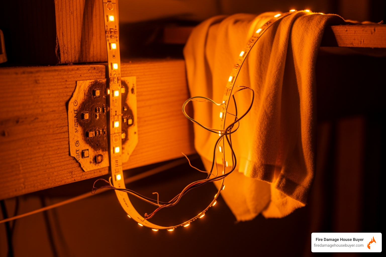 Improperly installed LED strip light near flammable material - do led lights get hot enough to start a fire