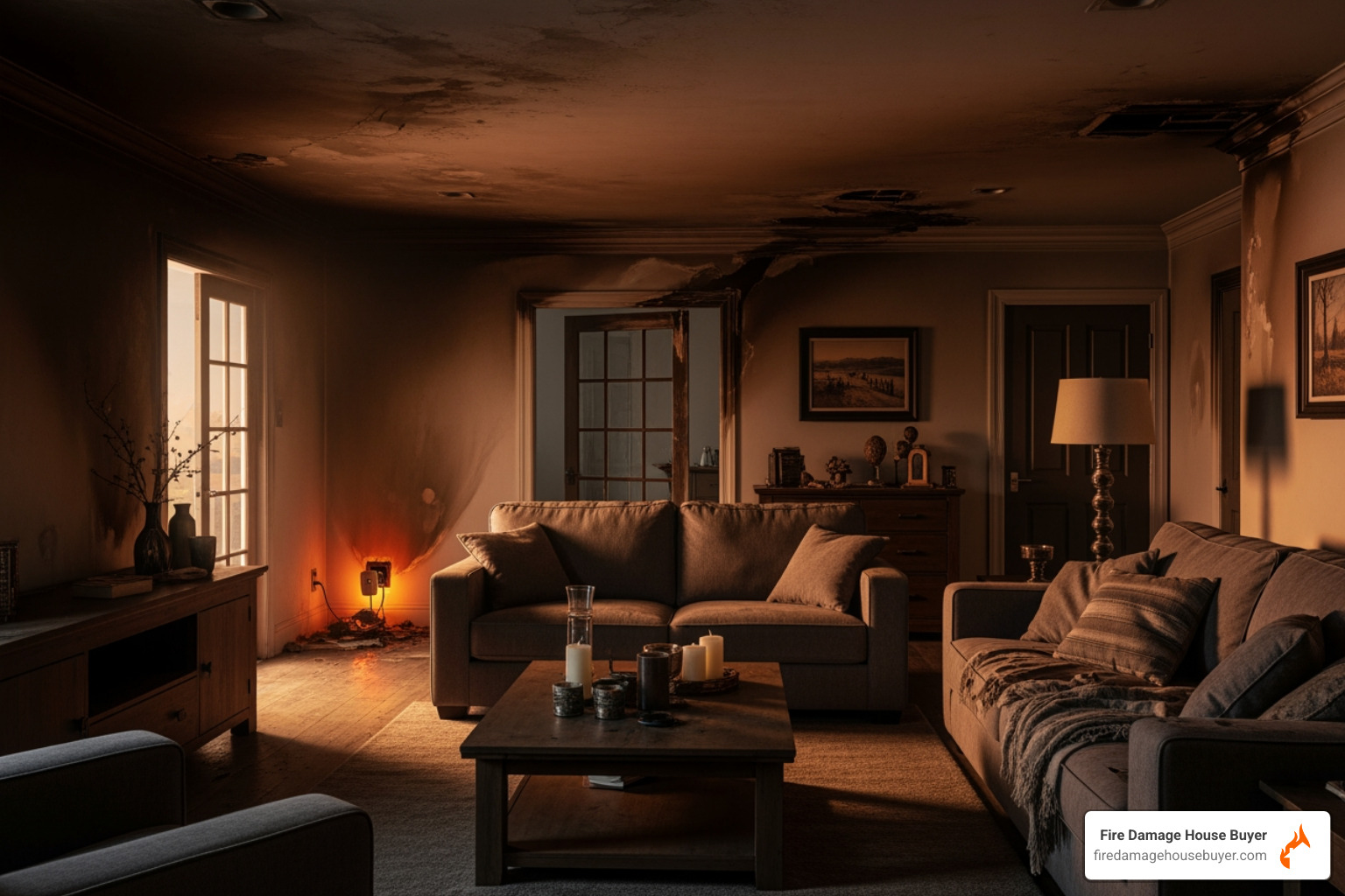 Room showing soot and smoke damage from a small electrical fire - do led lights get hot enough to start a fire