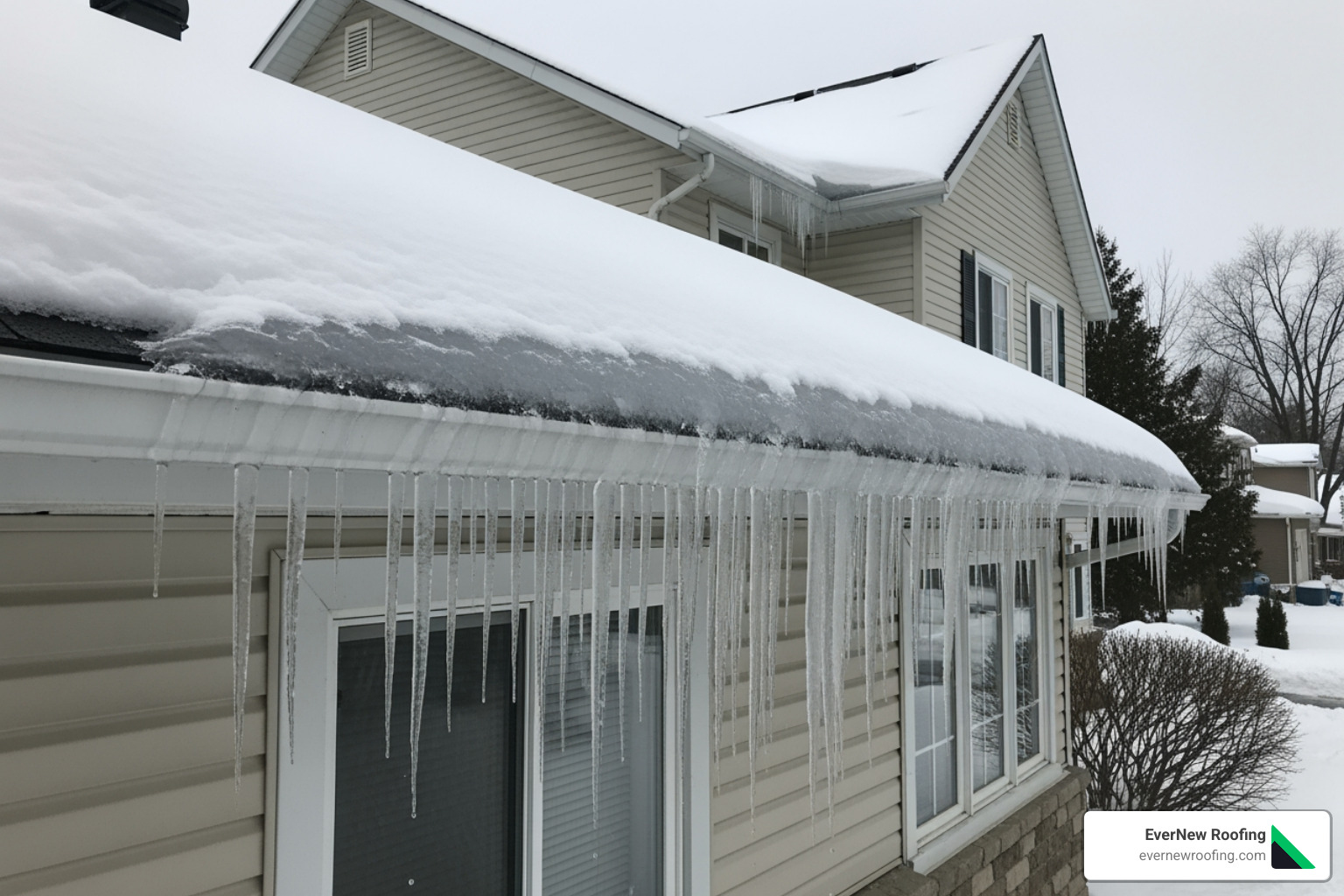 Ice dam forming on the edge of a roof - Lynn roof repair
