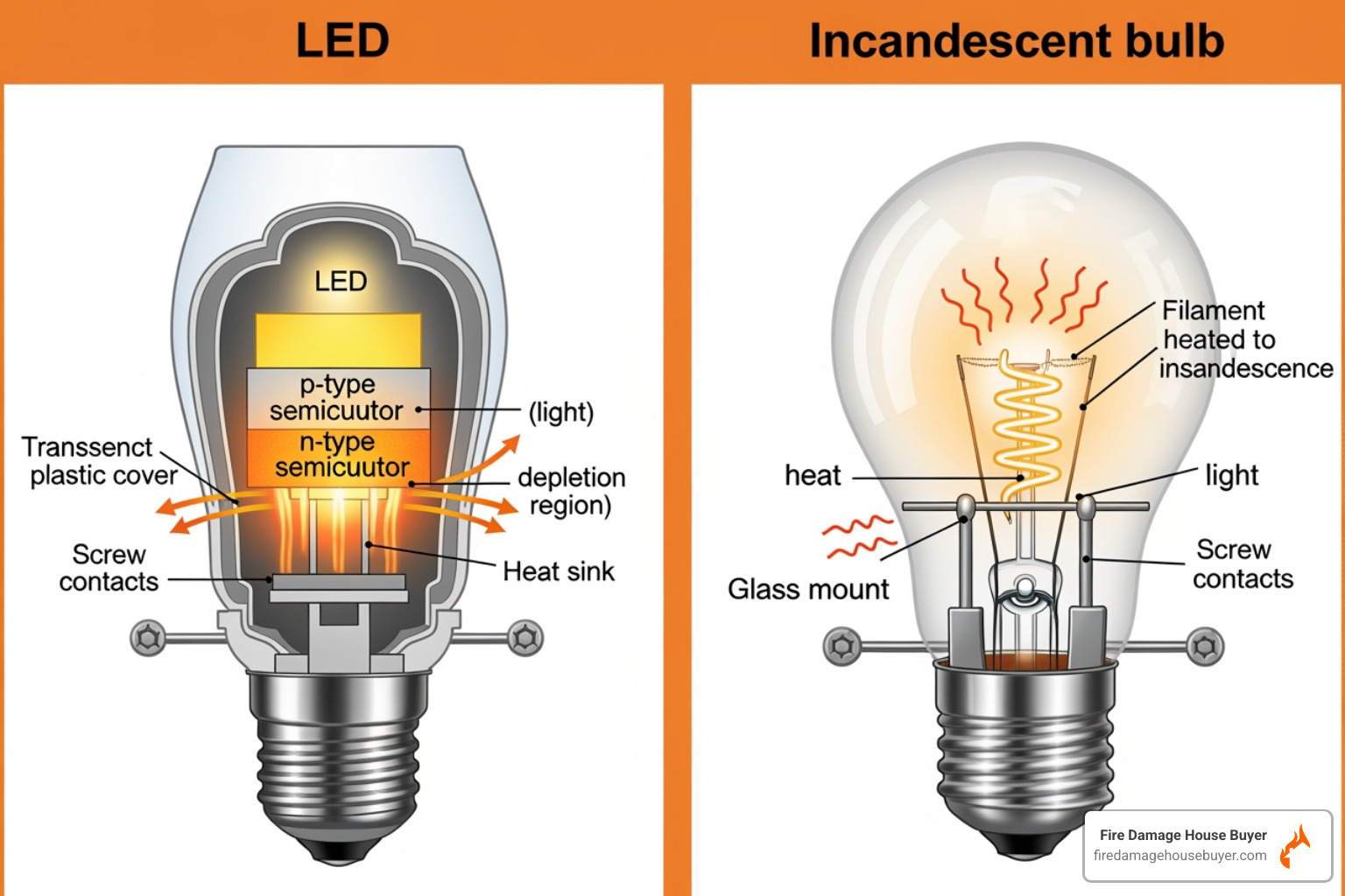 Diagram showing how LED produces light versus incandescent bulb - do led lights get hot enough to start a fire