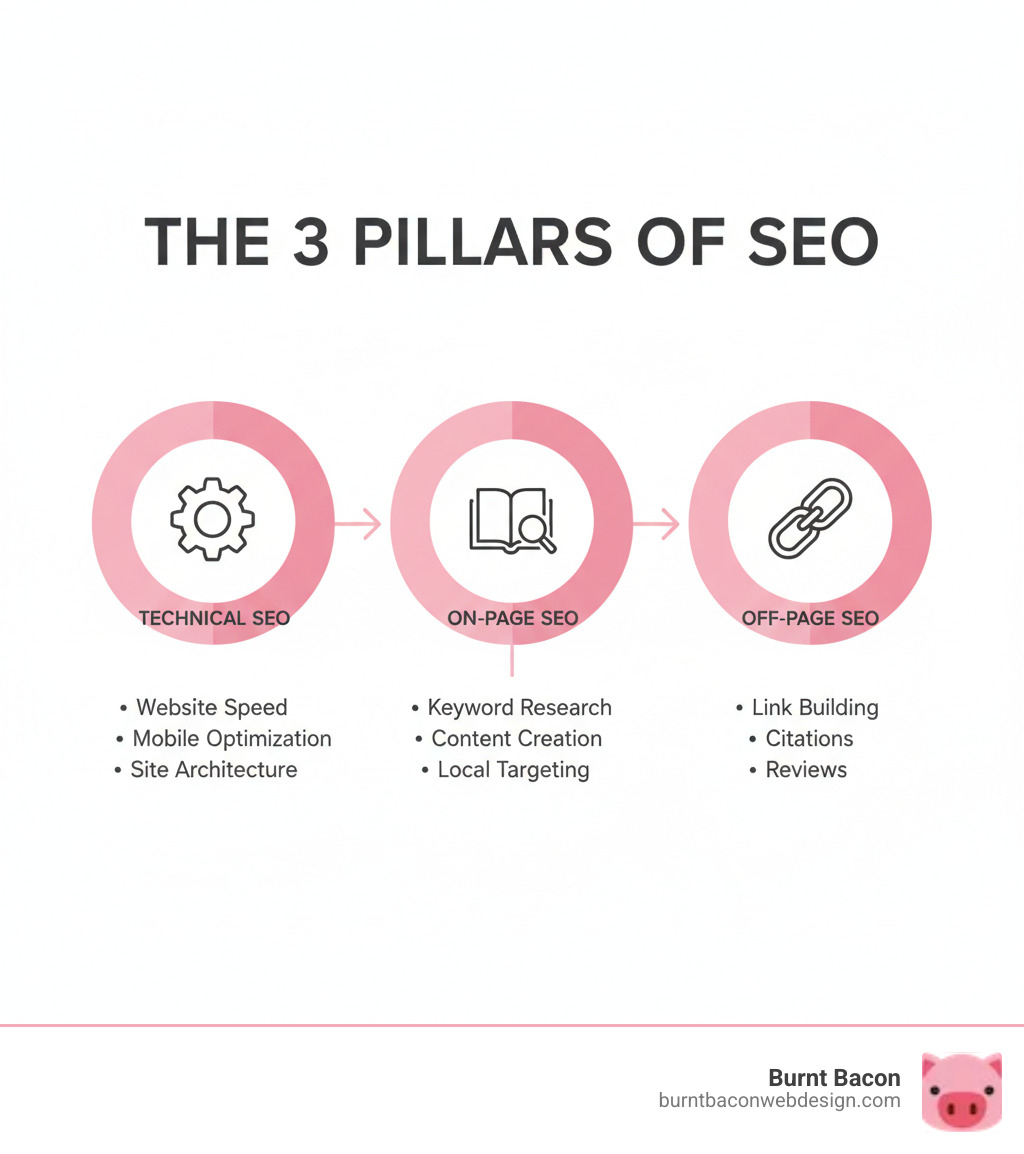 Infographic showing the three pillars of SEO: Technical SEO (website speed, mobile optimization, site architecture), On-Page SEO (keyword research, content creation, local targeting), and Off-Page SEO (link building, citations, reviews) - salt lake city seo services infographic Infographic showing the three pillars of SEO: Technical SEO (website speed, mobile optimization, site architecture), On-Page SEO (keyword research, content creation, local targeting), and Off-Page SEO (link building, citations, reviews) - salt lake city seo services infographic