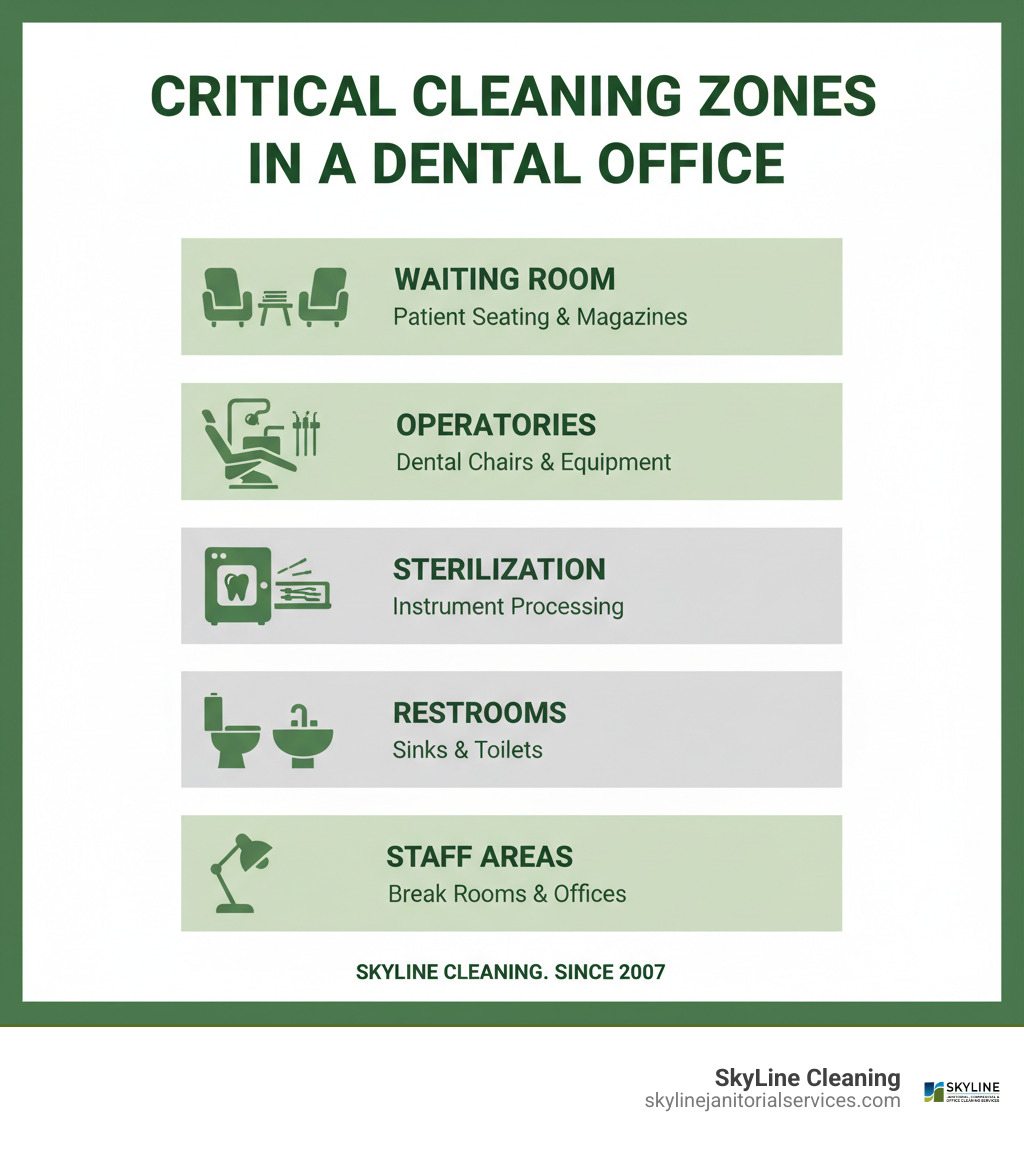 infographic showing five critical cleaning zones in a dental office: waiting rooms with patient seating and magazines, operatories with dental chairs and equipment, sterilization areas with instrument processing stations, restrooms with sinks and toilets, and staff areas with break rooms and offices - dental office cleaning services infographic 