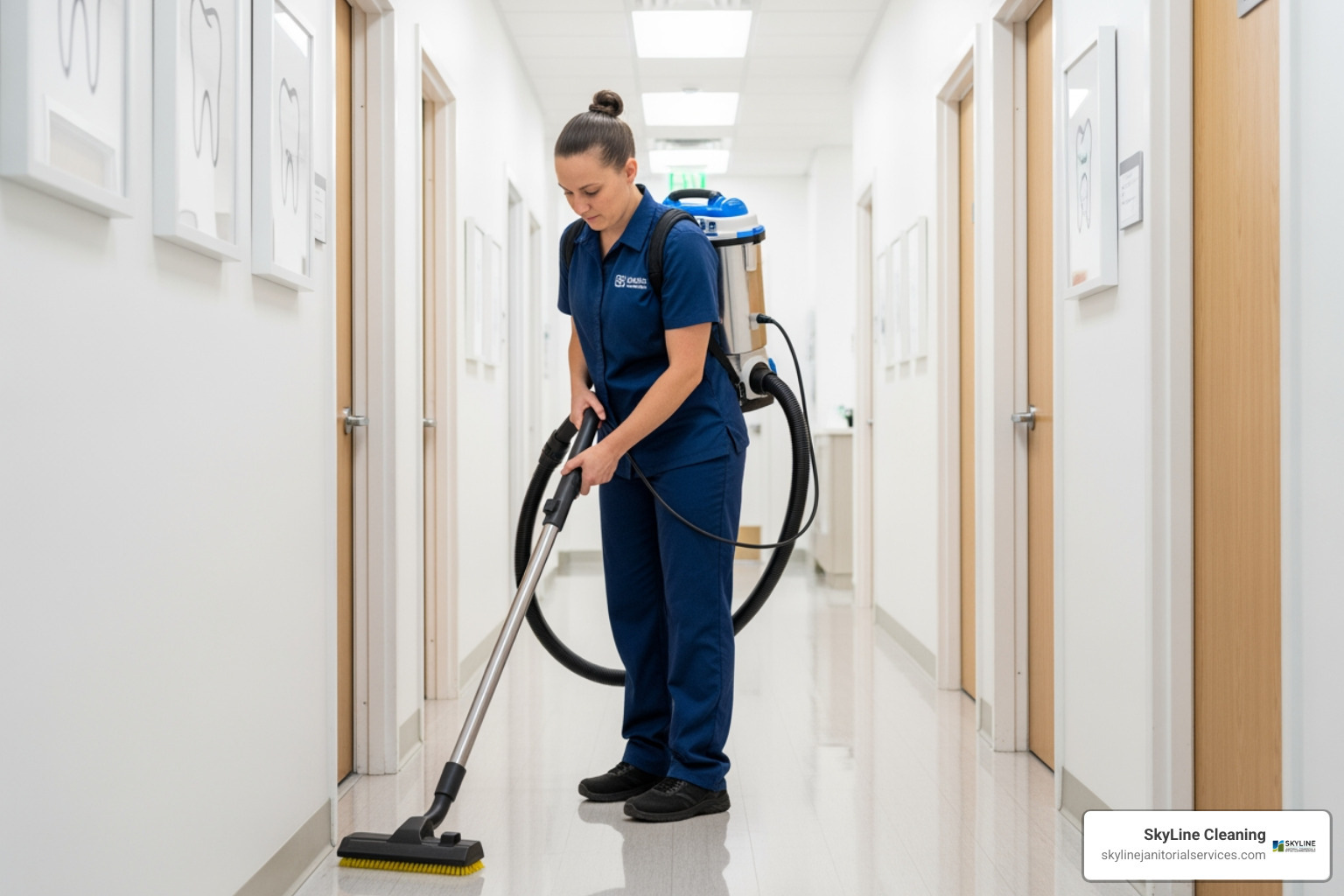 professional cleaner using a HEPA backpack vacuum in a dental office hallway - dental office cleaning services