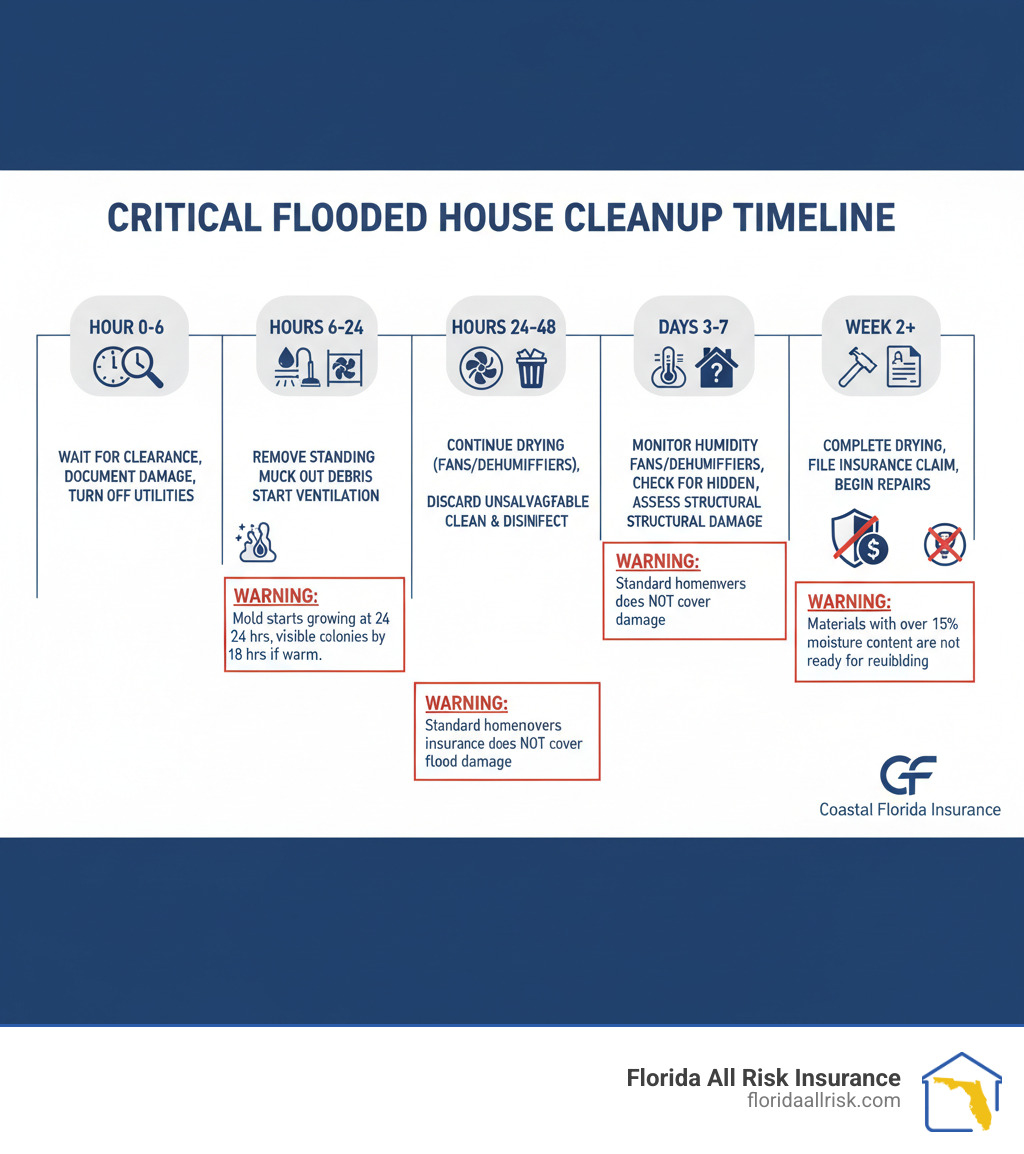 Infographic showing the critical timeline for flooded house cleanup: Hour 0-6: Wait for clearance, document damage, turn off utilities; Hours 6-24: Remove standing water, begin mucking out debris, start ventilation; Hours 24-48: Continue drying with fans and dehumidifiers, discard unsalvageable items, clean and disinfect surfaces; Days 3-7: Monitor humidity levels (keep below 60%), check for hidden moisture, assess structural damage; Week 2+: Complete drying process, file insurance claim, begin repairs. Warning boxes highlight: Mold starts growing at 24 hours, visible colonies by 48 hours if warm; Standard homeowners insurance does NOT cover flood damage; Materials with over 15% moisture content are not ready for rebuilding. - flooded house infographic 
