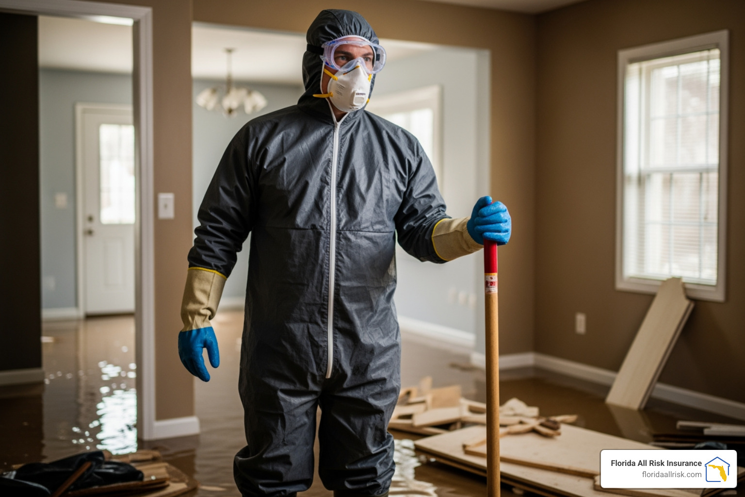 A person in full personal protective equipment (N95 mask, goggles, gloves, boots) starting the cleanup process in a flooded house. - flooded house