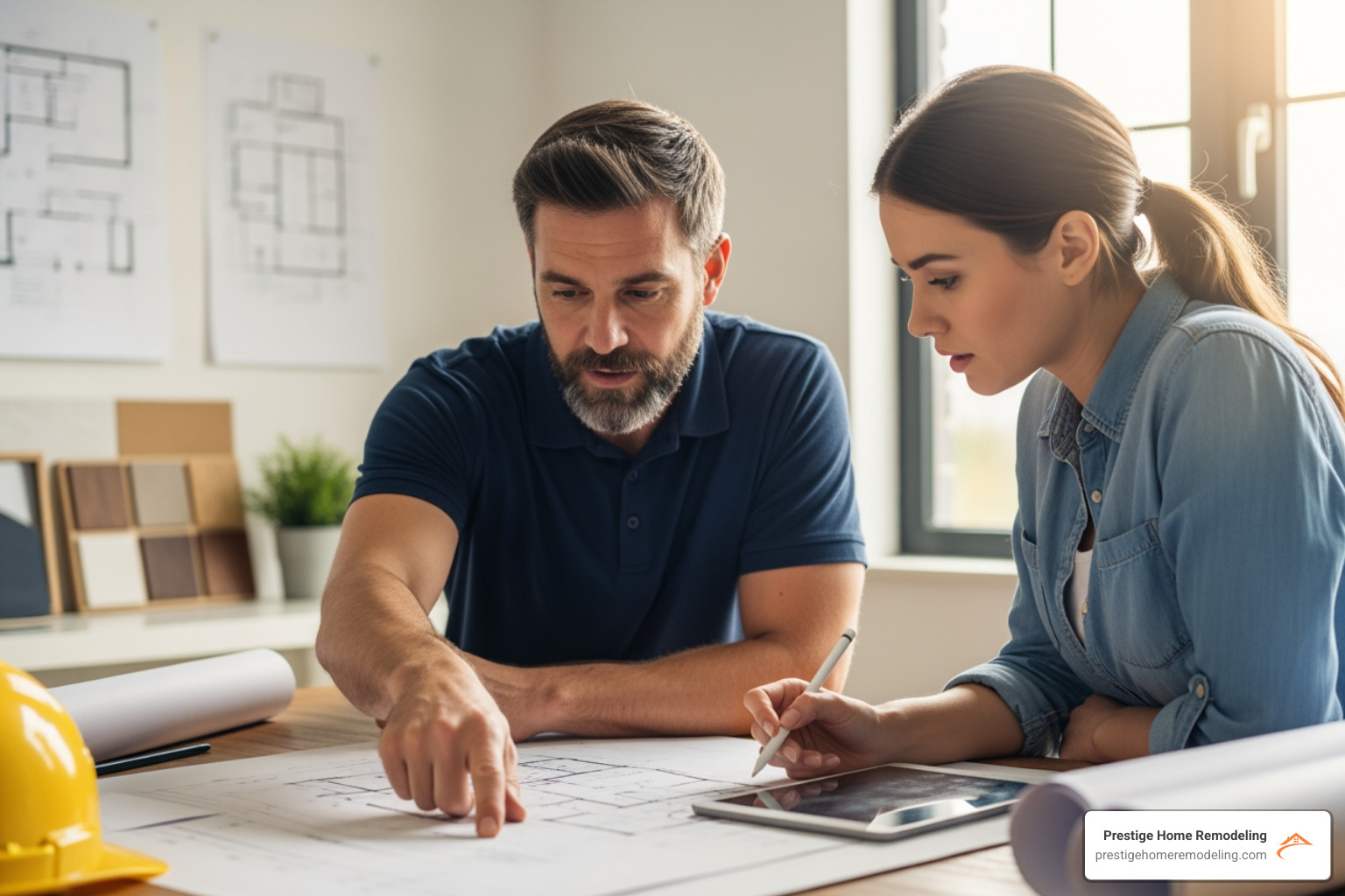 contractor and homeowner reviewing blueprints together - best home addition contractors