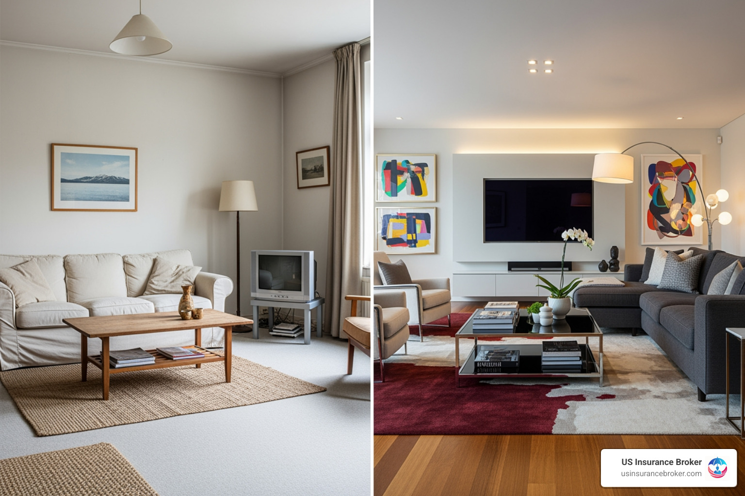 split-screen showing a basic living room vs. a living room with high-end electronics and art - HO5 insurance policy split-screen showing a basic living room vs. a living room with high-end electronics and art - HO5 insurance policy