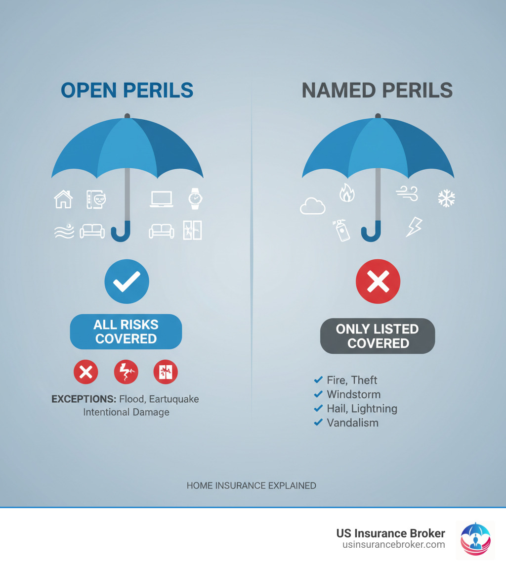 Infographic explaining the difference between Open Perils coverage (covers all risks except specific exclusions like flood, earthquake, and intentional damage) and Named Perils coverage (only covers specific listed events like fire, theft, windstorm, hail, lightning, and vandalism) - HO5 insurance policy infographic Infographic explaining the difference between Open Perils coverage (covers all risks except specific exclusions like flood, earthquake, and intentional damage) and Named Perils coverage (only covers specific listed events like fire, theft, windstorm, hail, lightning, and vandalism) - HO5 insurance policy infographic