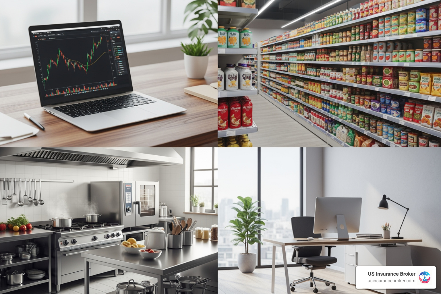 collage of various business assets: a laptop, retail inventory, restaurant kitchen equipment, and office furniture - contents insurance for business tenants collage of various business assets: a laptop, retail inventory, restaurant kitchen equipment, and office furniture - contents insurance for business tenants