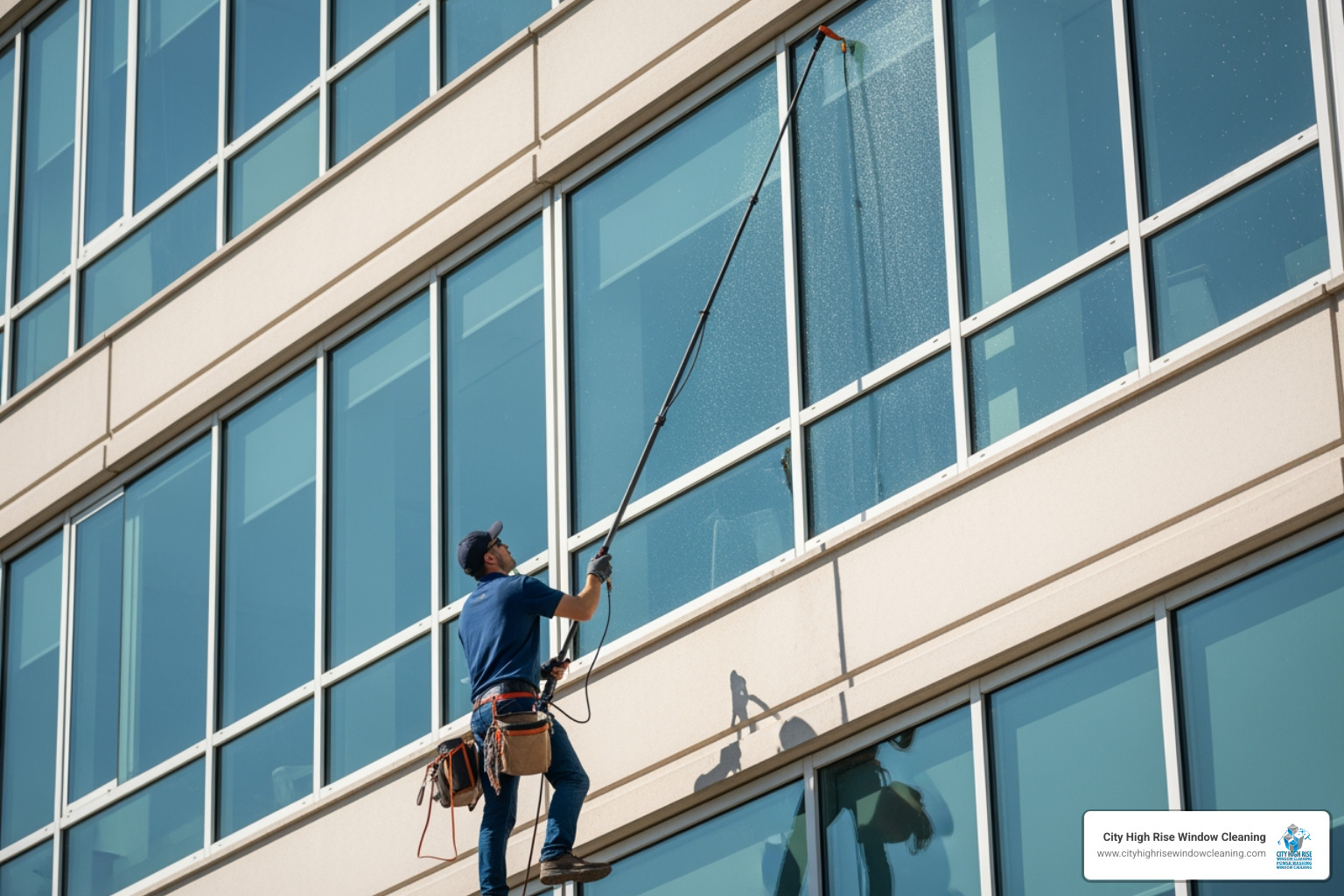 Technician using water-fed pole on mid-rise building. Alt text: "Westchester window cleaning with water-fed pole system." - westchester window cleaning Technician using water-fed pole on mid-rise building. Alt text: "Westchester window cleaning with water-fed pole system." - westchester window cleaning