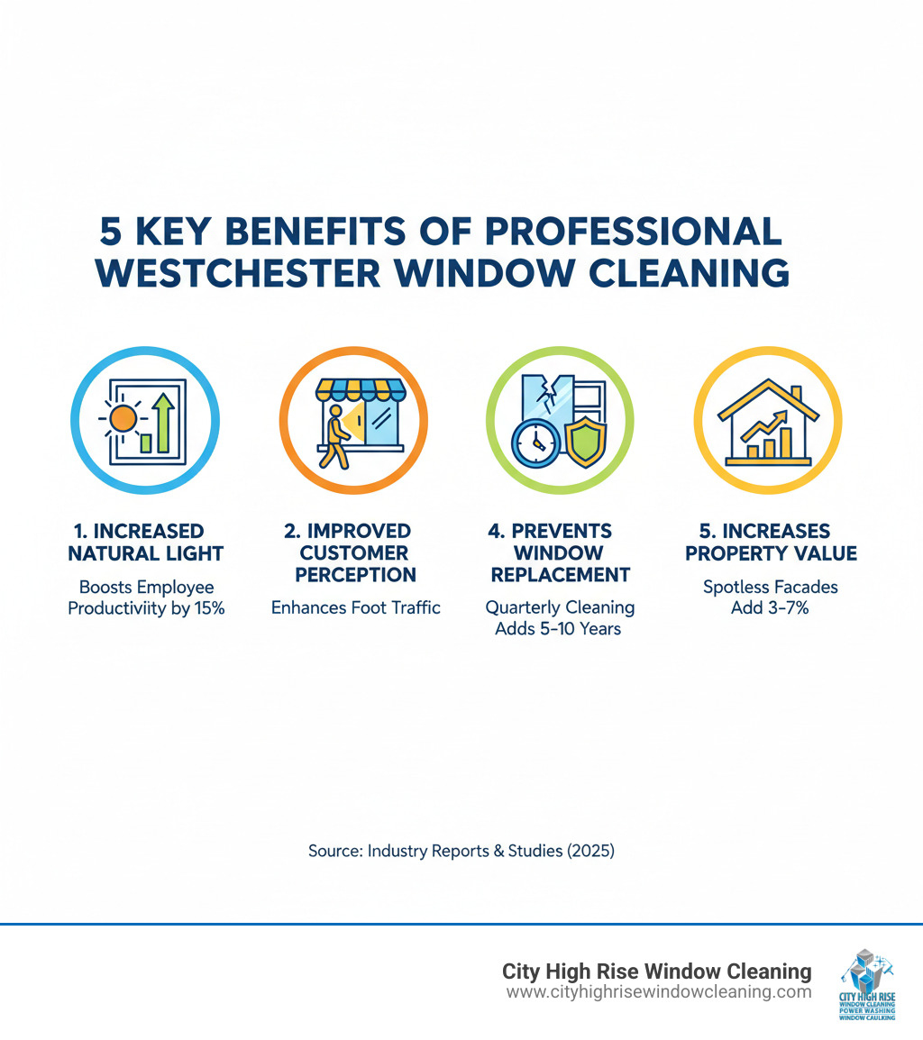 Infographic showing 5 key benefits of professional Westchester window cleaning: increased natural light boosts employee productivity by 15%, clean windows improve customer perception and foot traffic, regular maintenance prevents costly glass replacement, quarterly cleaning extends window lifespan by 5-10 years, and spotless facades increase property value by 3-7% - westchester window cleaning infographic Infographic showing 5 key benefits of professional Westchester window cleaning: increased natural light boosts employee productivity by 15%, clean windows improve customer perception and foot traffic, regular maintenance prevents costly glass replacement, quarterly cleaning extends window lifespan by 5-10 years, and spotless facades increase property value by 3-7% - westchester window cleaning infographic
