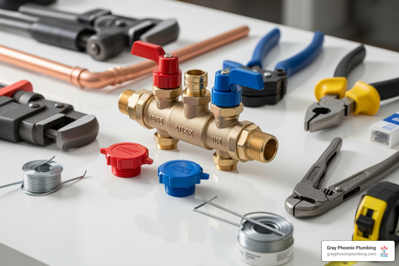 Tools and a tankless water heater service valve kit laid out on a clean surface - tankless water heater service valve installation Tools and a tankless water heater service valve kit laid out on a clean surface - tankless water heater service valve installation