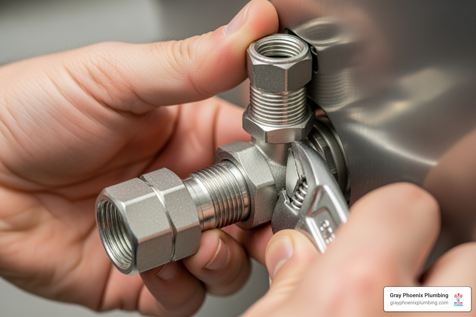 Connecting a service valve's union nut to the tankless water heater's water port - tankless water heater service valve installation Connecting a service valve's union nut to the tankless water heater's water port - tankless water heater service valve installation