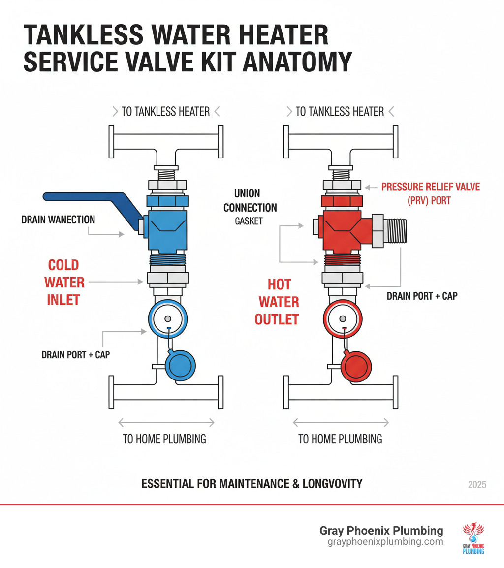 Infographic showing the anatomy of a tankless water heater service valve kit: cold water inlet valve with blue handle and drain port, hot water outlet valve with red handle and drain port, pressure relief valve port on the hot side, union connections with gaskets, and tethered drain caps - tankless water heater service valve installation infographic Infographic showing the anatomy of a tankless water heater service valve kit: cold water inlet valve with blue handle and drain port, hot water outlet valve with red handle and drain port, pressure relief valve port on the hot side, union connections with gaskets, and tethered drain caps - tankless water heater service valve installation infographic