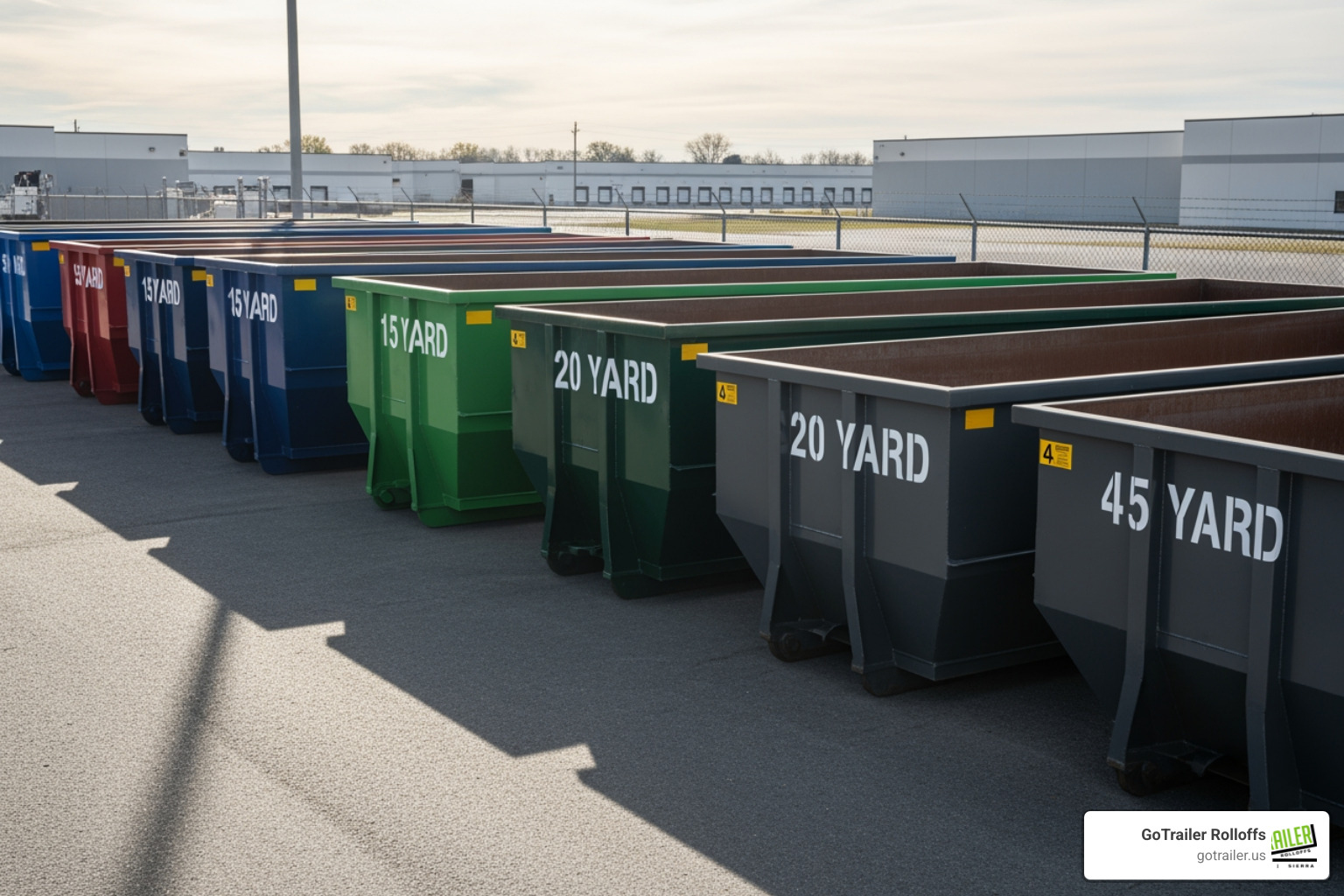 Image of different commercial dumpster sizes lined up for comparison - commercial dumpster rentals